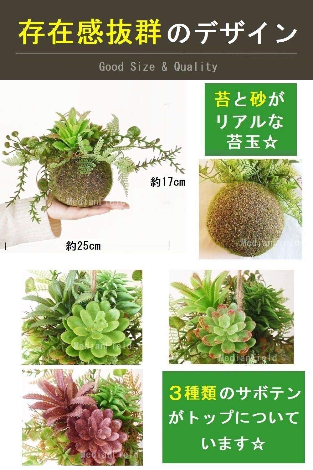 Amazon｜MedianField 【 多肉植物 フェイク 苔玉 麻ひも 付き 】 観葉