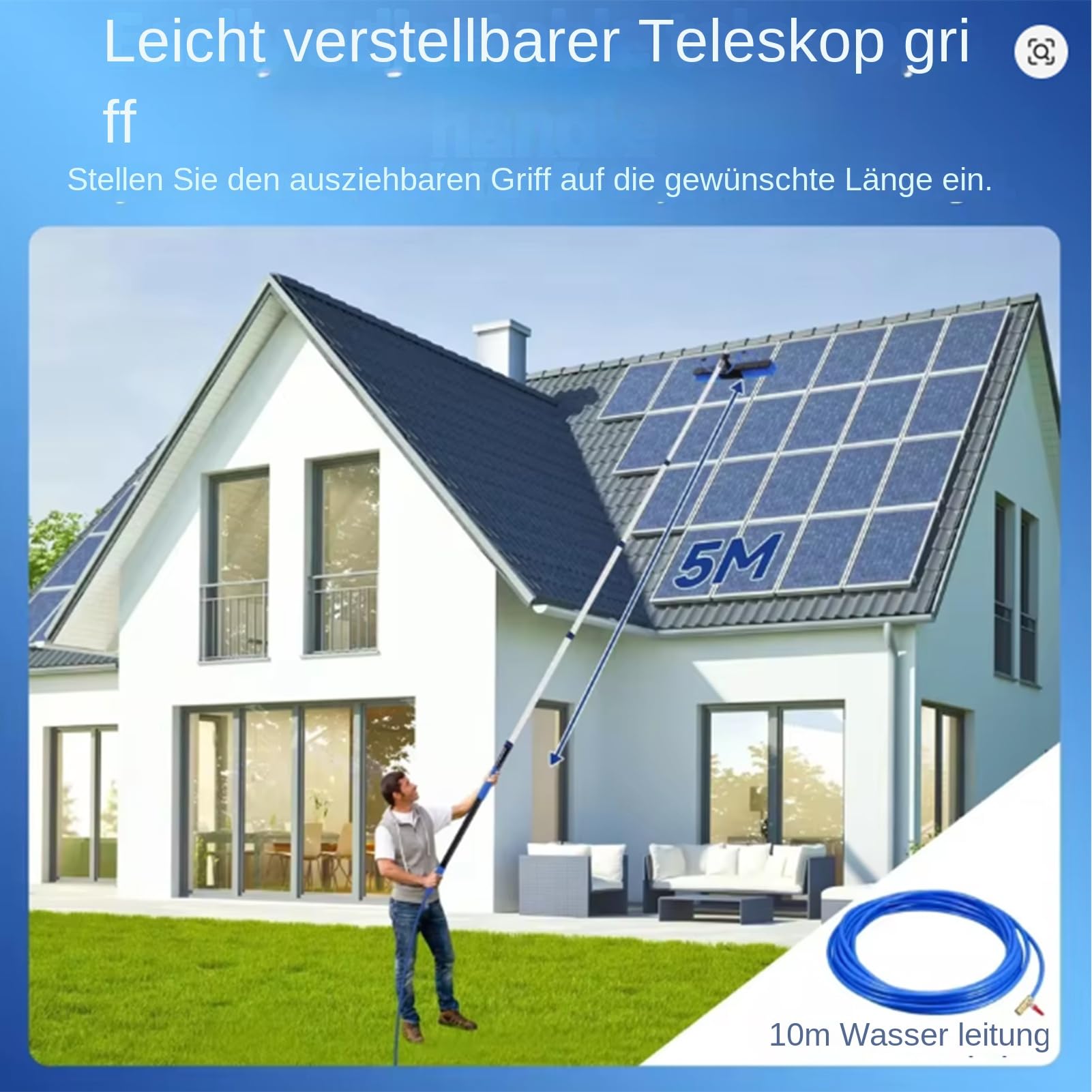 Generisch Spazzola solare telescopica, kit di pulizia per pannelli esterni, in lega di alluminio con dispenser di sapone, asta da 5 m, tubo da 10 m, perfetta per casa, tetto, vetro esterno e
