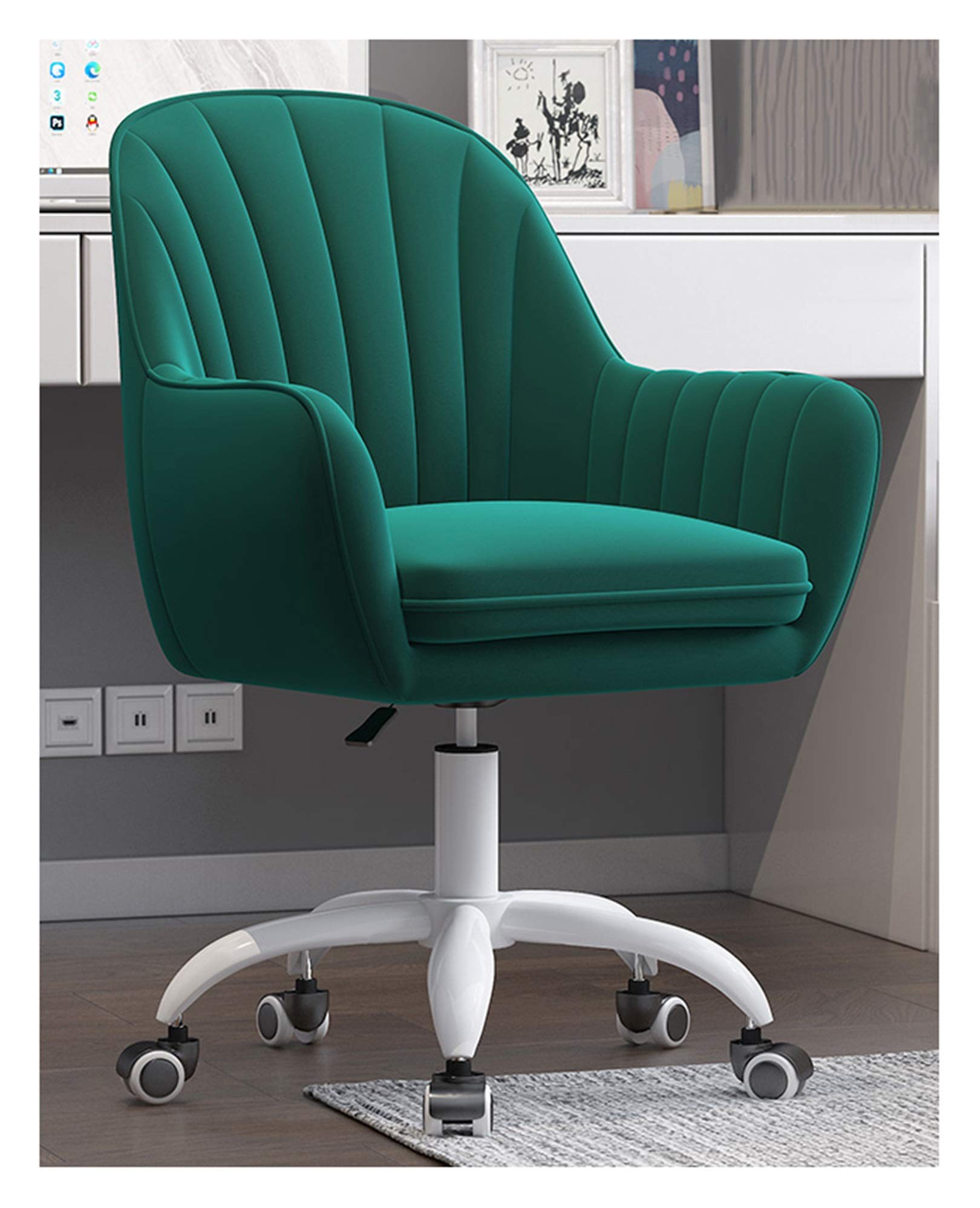 Chaise de bureau pivotante en velours blanc et vert réglable à roulette