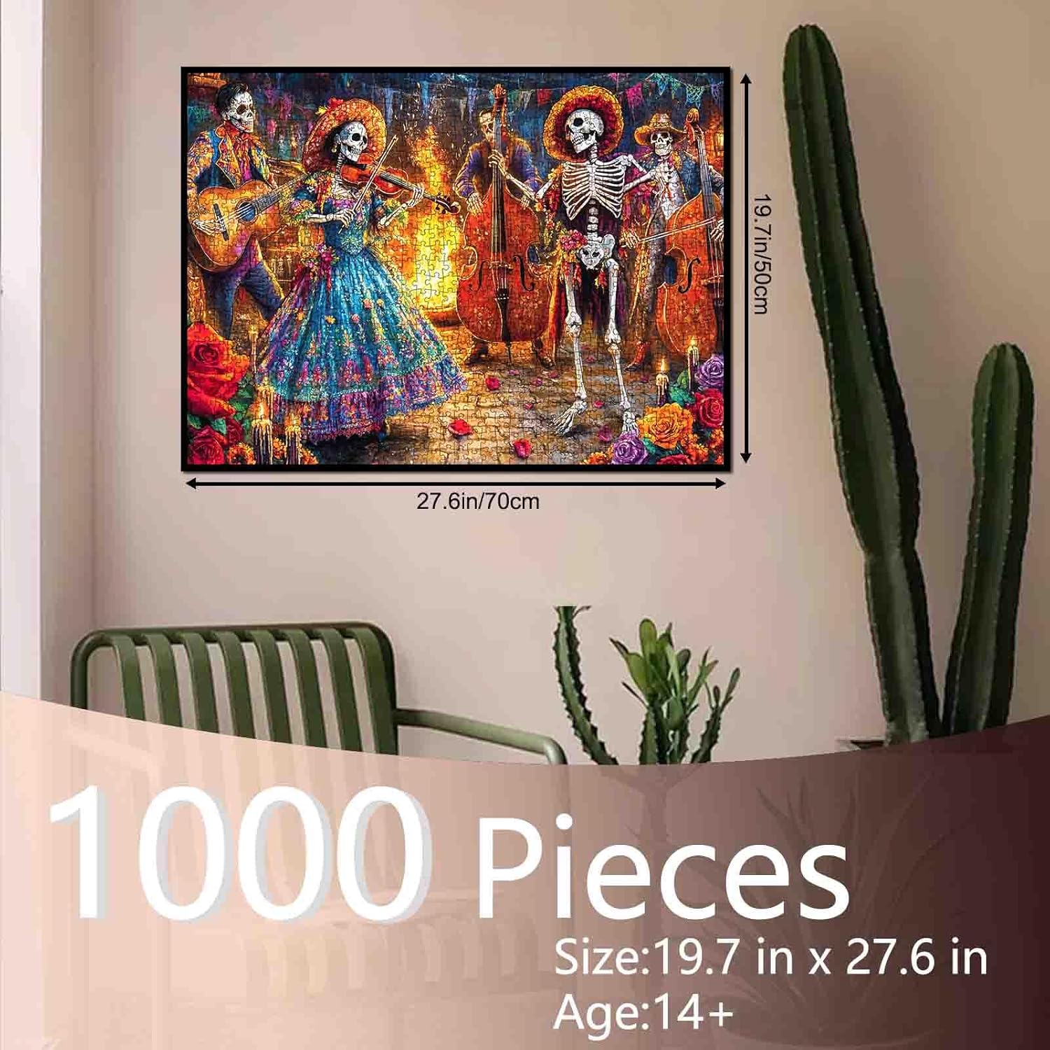 Skeleton Band Playing Music at Festive Night 1000 Piece Jigsaw Puzzle for Adults Students 20×27 Inches Colorful Day of The Dead Instruments Traditional Dress Fun Halloween Puzzle Gift for Collectors