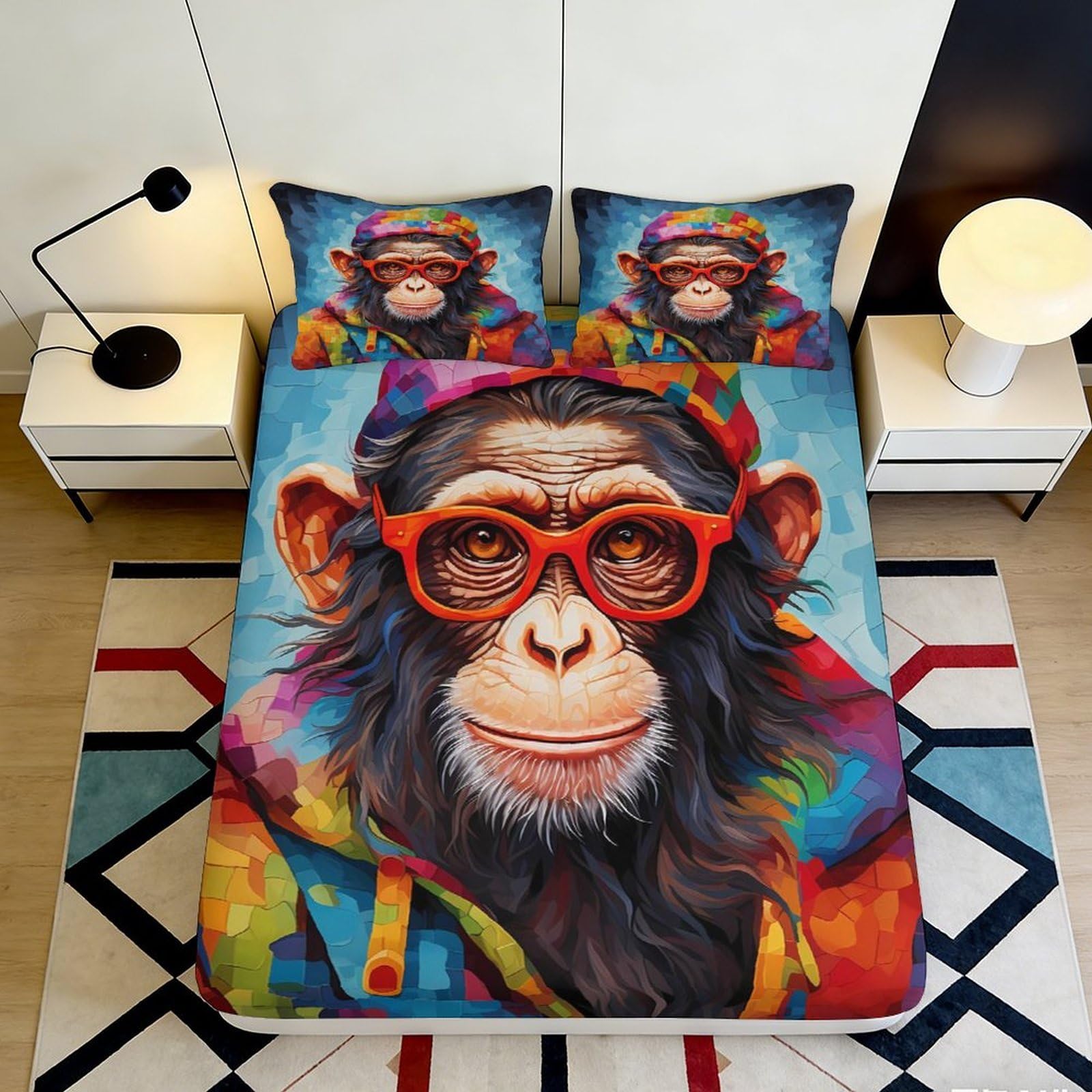 3D Printed Colorful Funky Monkey Fitted Sheet Microfiber Soft Breathable Cartoon Animal Bed Cover for Bedroom Decor 200x200x25cm