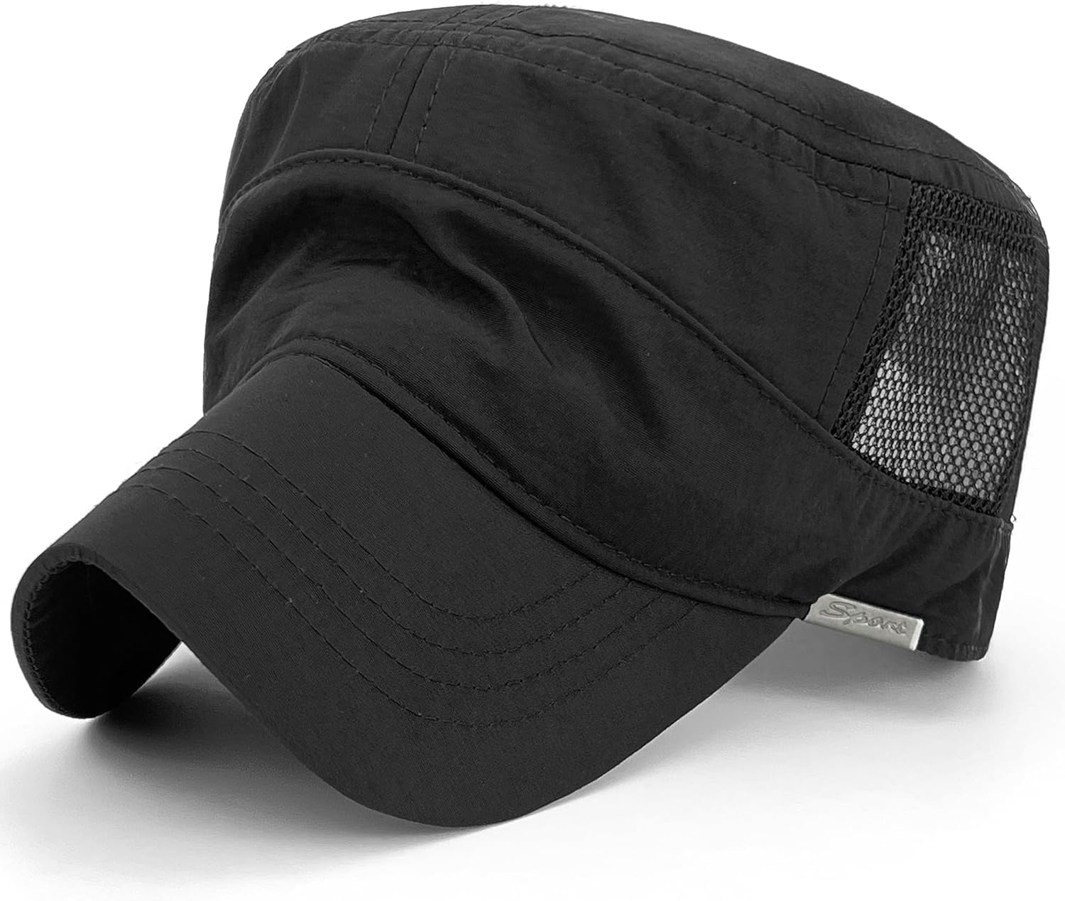 Mesh Back Cadet Caps for Women Lightweight Army Military Hats for Men Breathable Flat Top Dad Cap Black