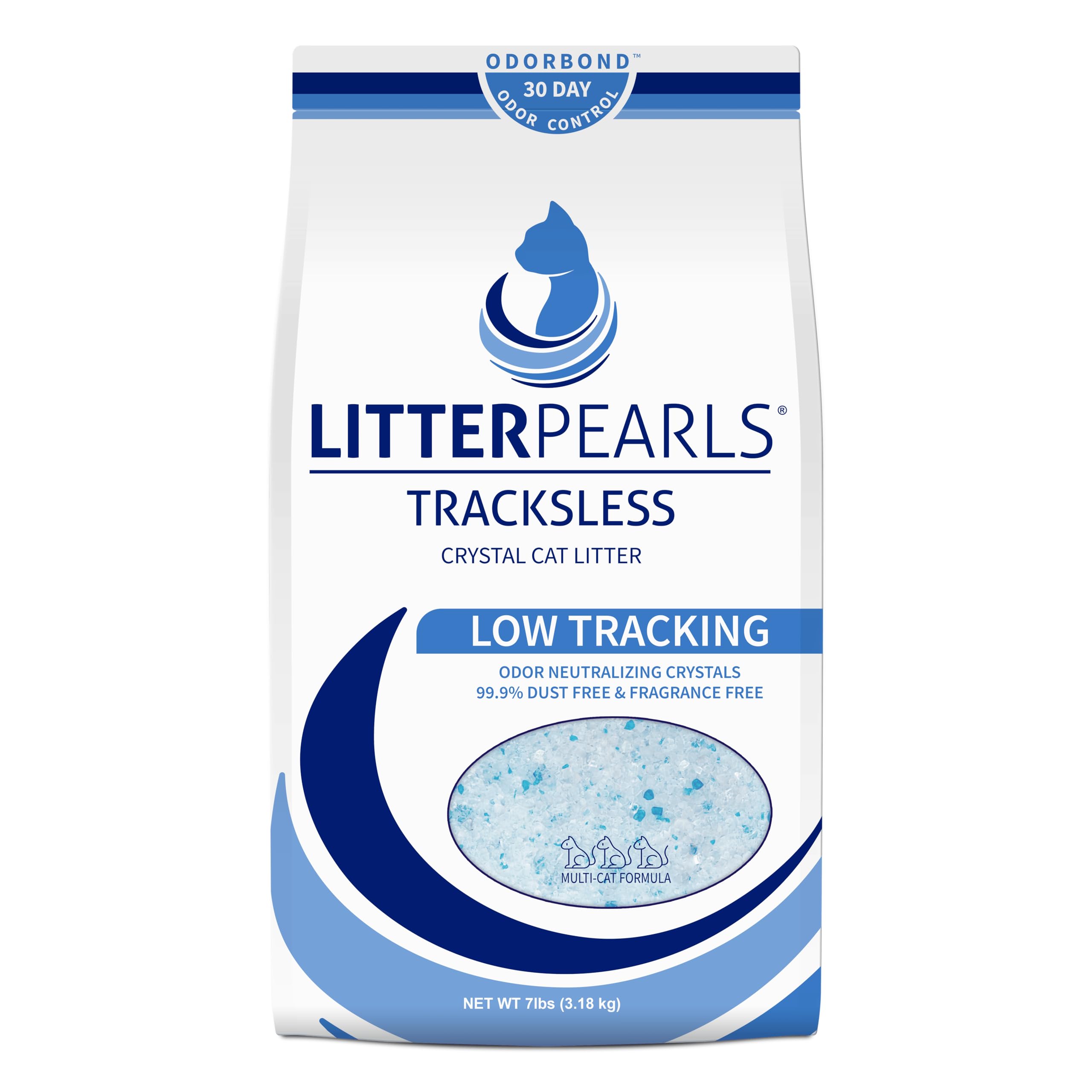 Tracksless Unscented Non-Clumping Crystal Cat Litter with Odorbond, 7 lb, White, Clear and Blue Crystals
