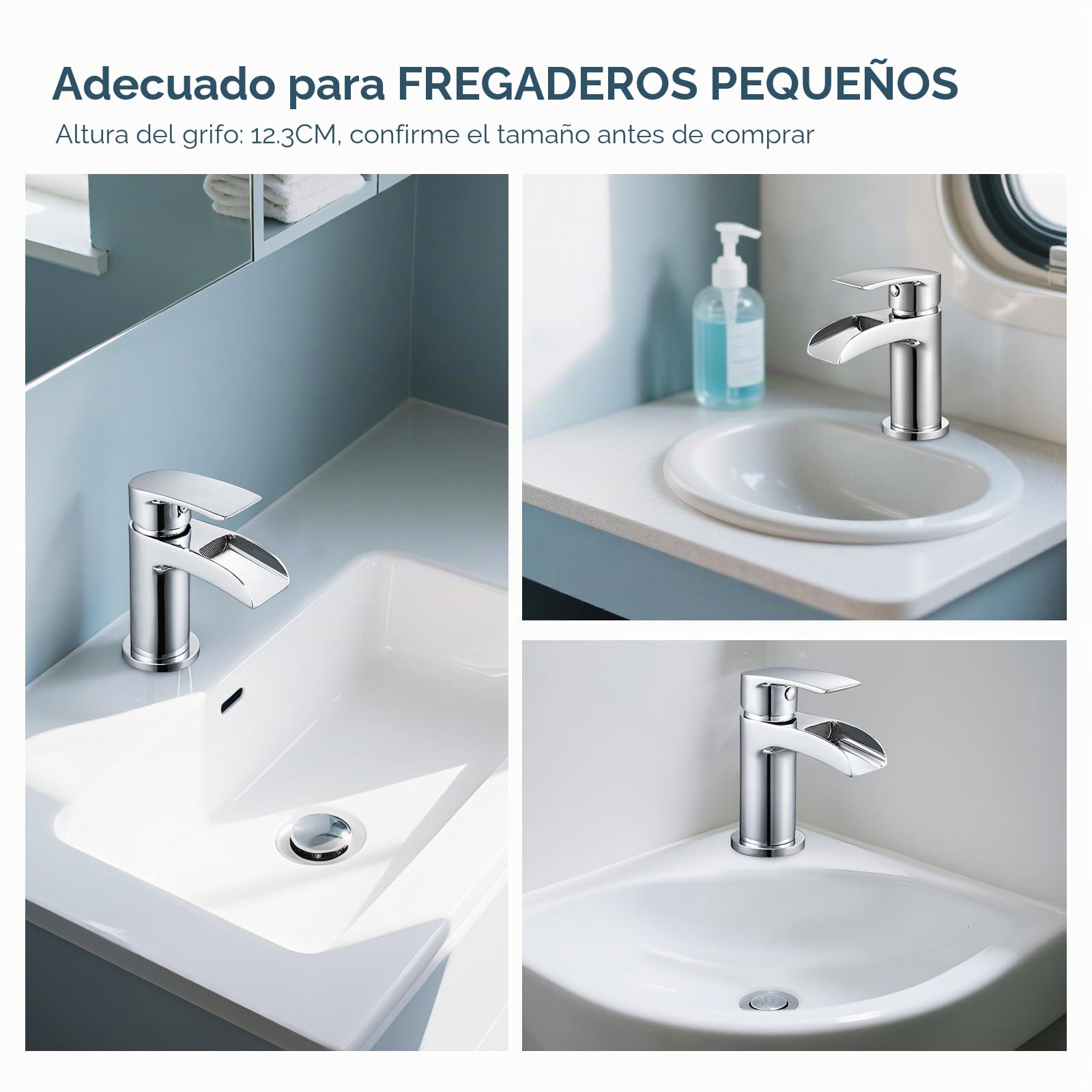 Grifos mezcladores para lavabo de baño de Peppermint con caño en cascada, grifo monomando moderno y pequeño, monobloc, para tocador, latón, cromo