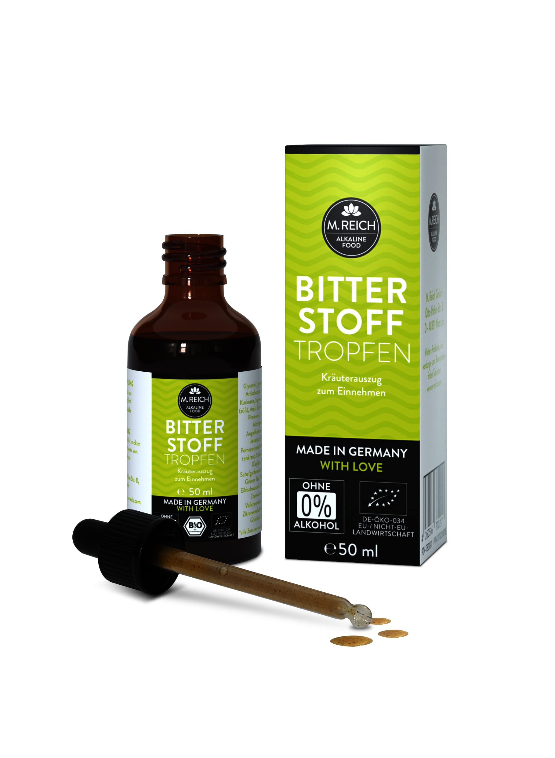 M. Reich BitterStoff Tropfen - Bittertropfen ohne Alkohol - 50 ml für 38 Tage - 55 Bio Pflanzen und Bitterkräuter - Vegan und ohne Zusatzstoffe