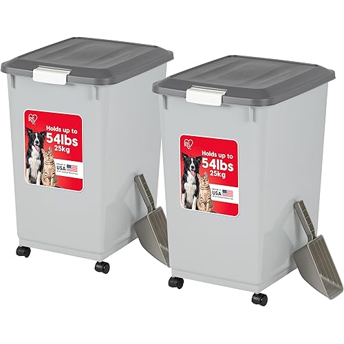 IRIS USA Dog Food Storage Container 50 lbs, 2-Pack with Wheels, Airtight Lid, 2-Cup Scoop, Double Pet Food Storage, Built in Scoop Storage in Lid, Versatile Pet Food Bin, Portable, Gray/Dark Gray