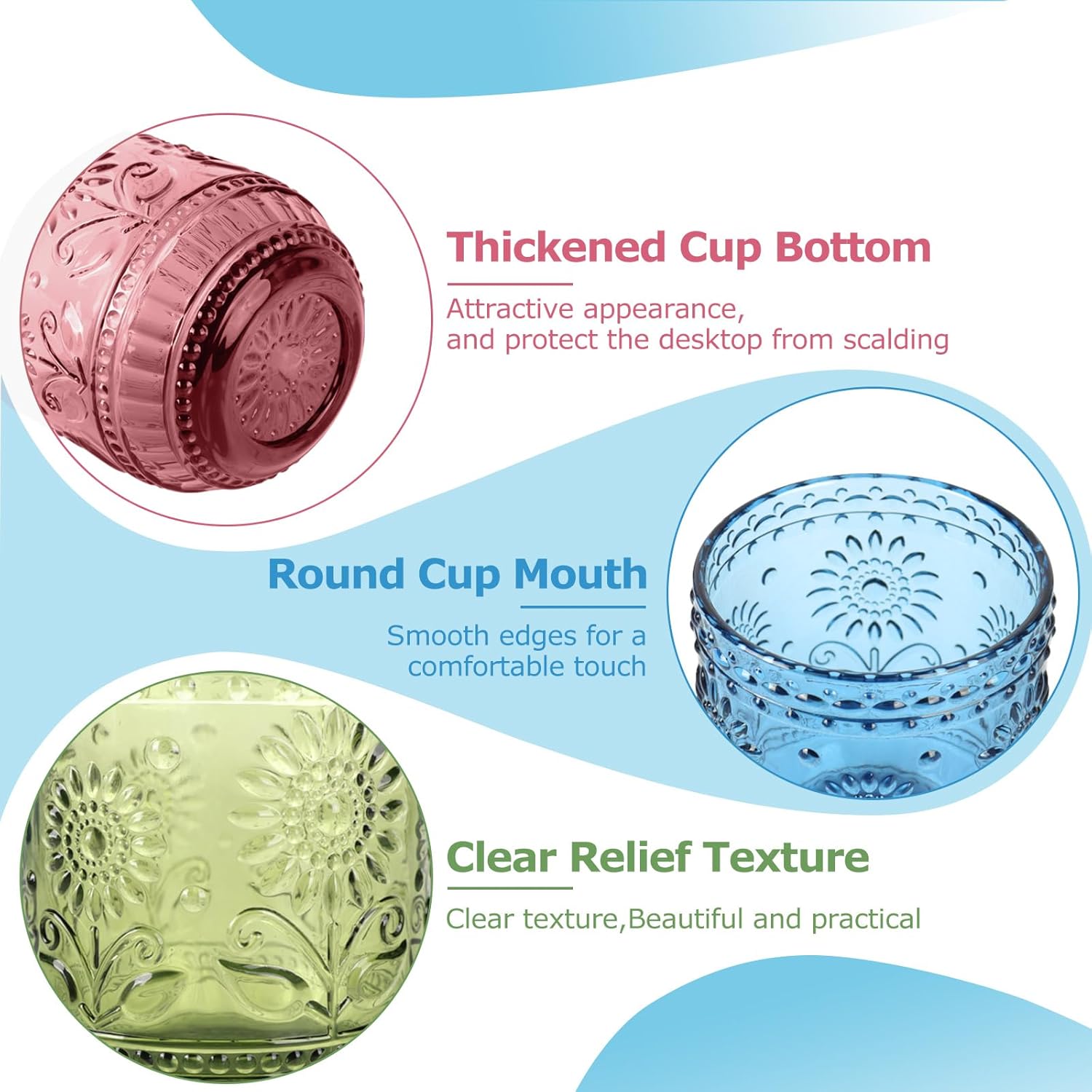 Vintage Drinking Glasses Set of 6, 12 oz Embossed Sunflower Colored Glassware Green Glass Cups for Cocktail, Wine, Juice, Whiskey, Milk, Heavy Duty - Image 3