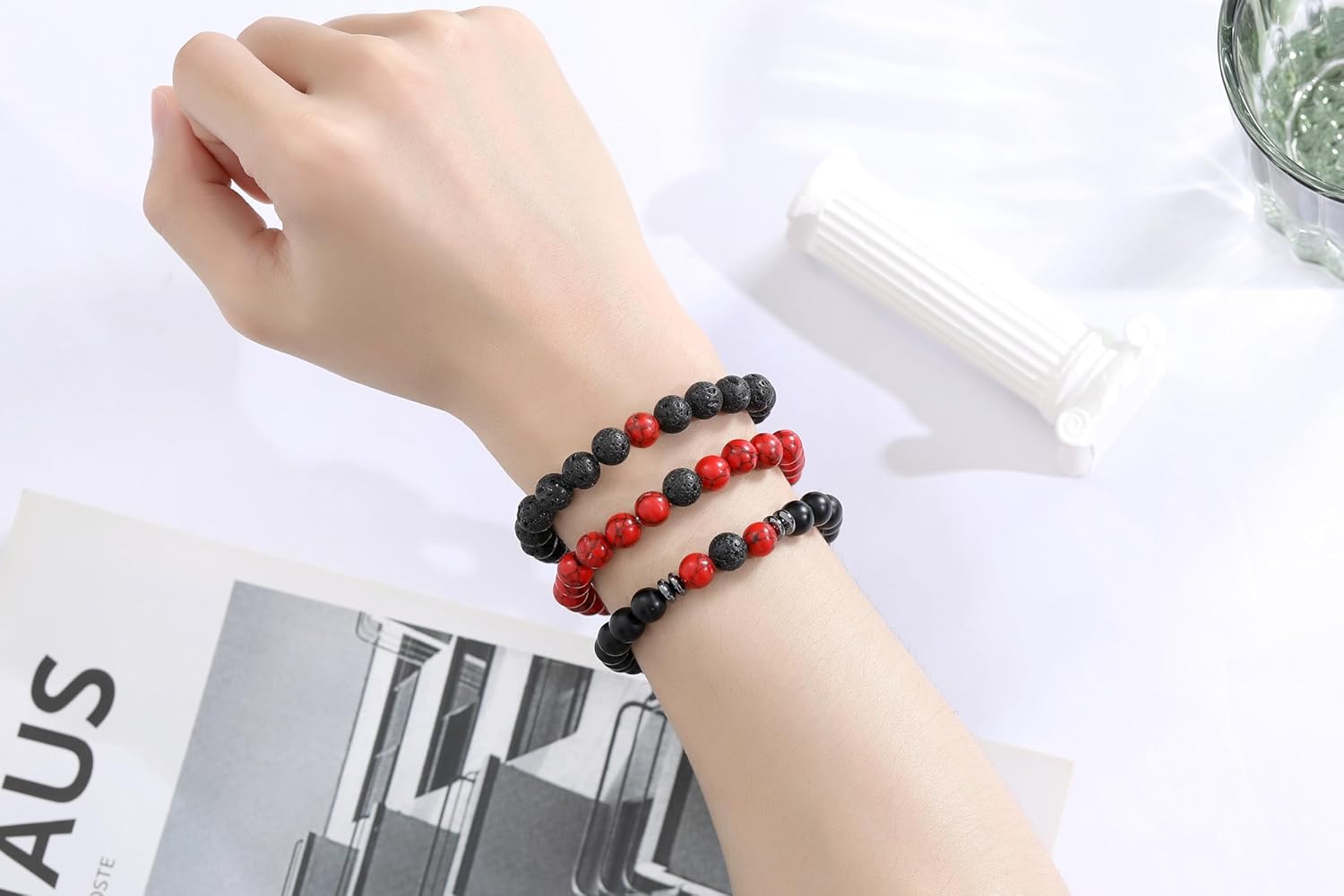 XIANNVXI Natural Stone Beads Bracelet for Men Crystal Bracelets 8MM Tiger Eye Lava Rock Obsidian Beaded Bracelet Set Black/Red/Blue Crystal Beaded Bracelets for Men - Image 5