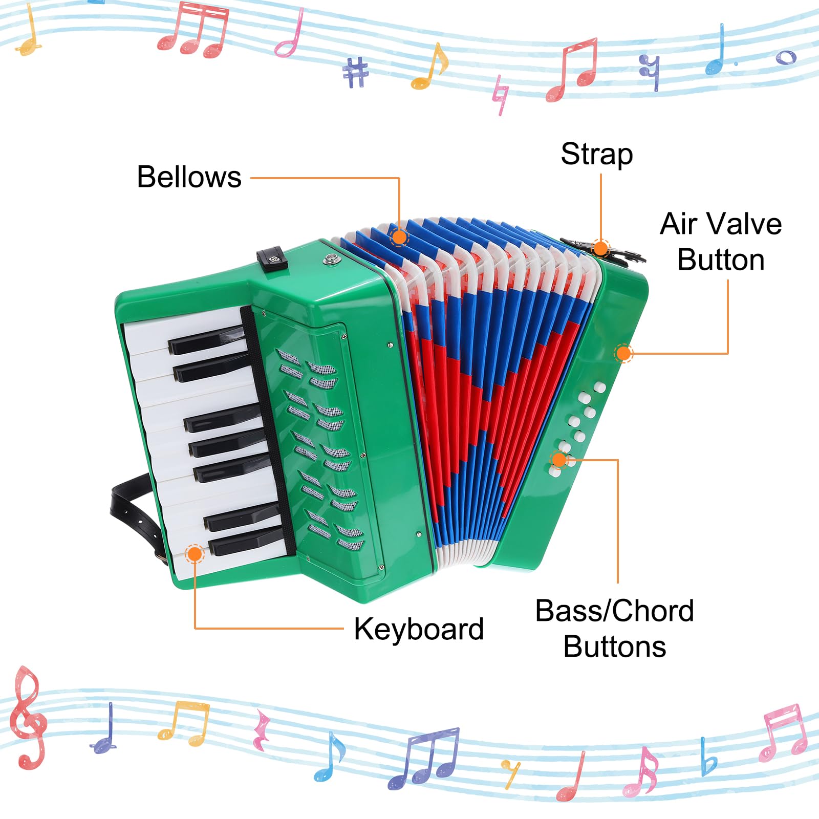QUARKZMAN Akkordeon 17 Tasten 8 Bassknopf Ziehharmonika Spielzeug Mini Musikinstrument Leicht für Erwachsene Anfänger Bildung, Grün