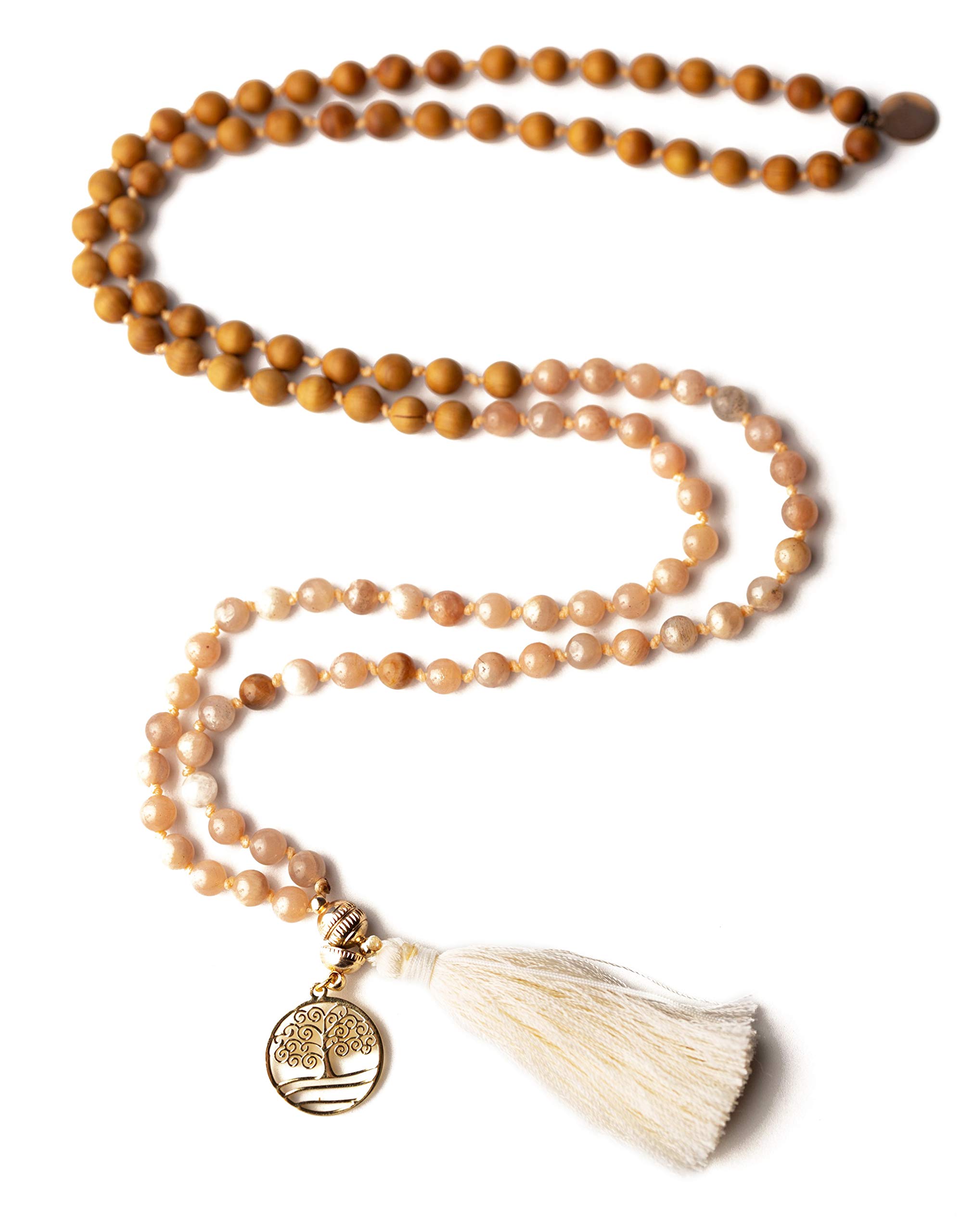 Mondstein Edelsteinschmuck Mala Edelsteinkette Yoga Meditation Geschenk-Set mit Holzbox Jute-Täschchen Affirmationskarten INTUITION Naturstein Sandelholz handgemacht in Deutschland