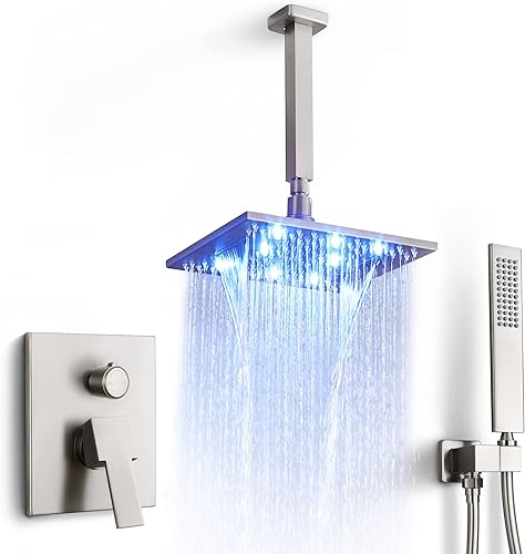 Sistema de ducha de montaje en el techo, juego de cabezal de ducha LED de 10 pulgadas con 2 funciones cUPC, kit de válvula de ducha cUPC, 7415C-BN