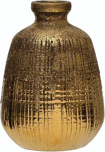 Creative Co-Op Jarrón de terracota texturizado con líneas, acabado dorado