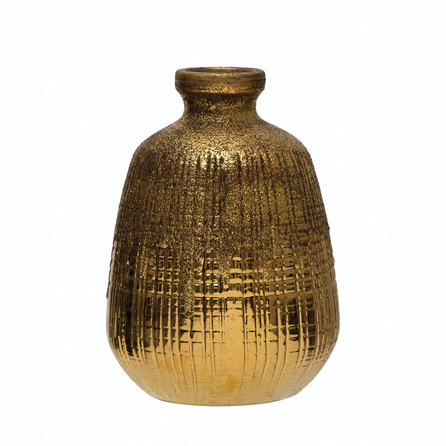 Creative Co-Op Textured Terra-Cotta Lines, Gold Finish Vase, 8"