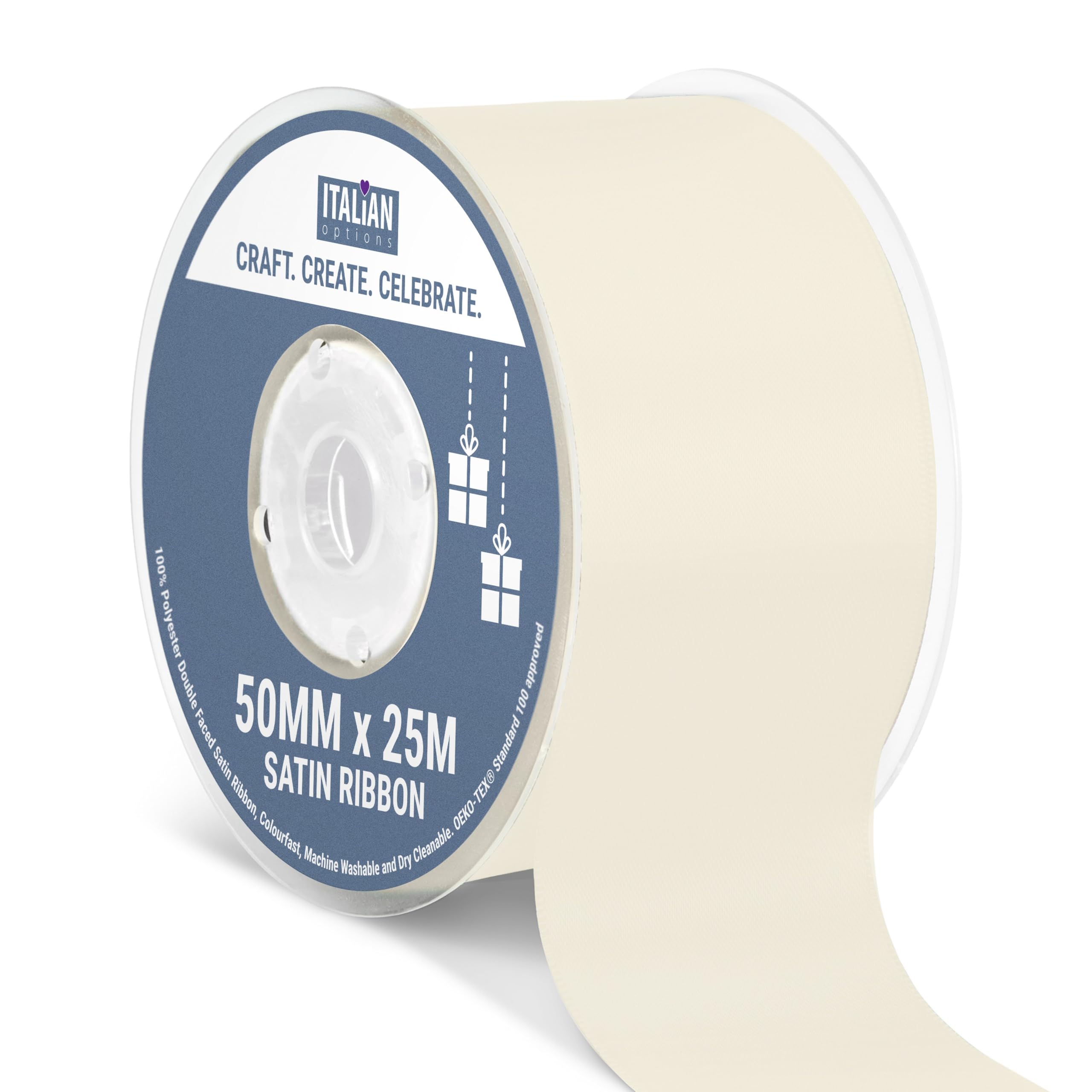 Italian Options Satin Ribbon, Fabric Ribbons for Gift Wrapping, Crafting, Balloons, Wedding Car, Presents, Cake, Christmas, Birthday, Gift Wrap Accessories, 50mm Wide x 25 Metre Roll, Ivory