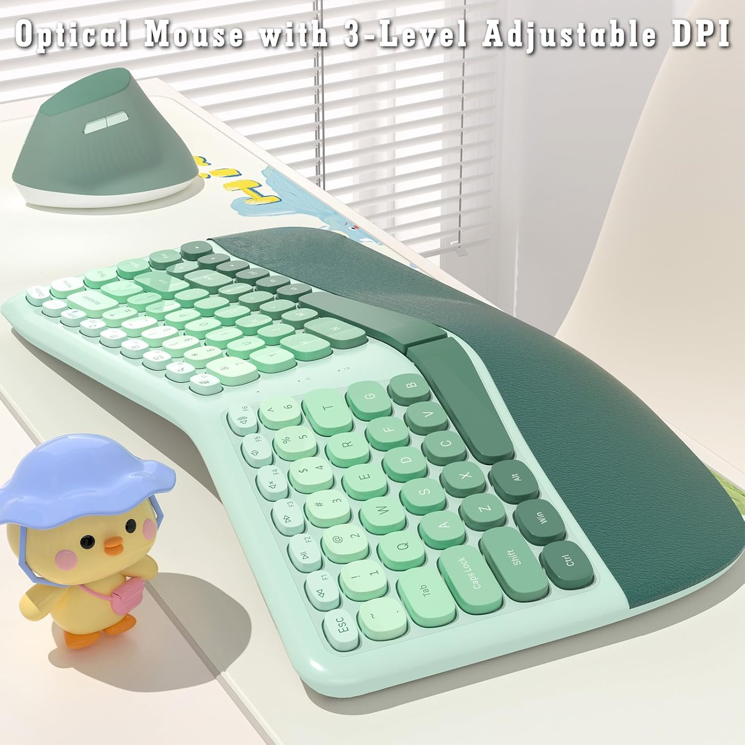 Wireless Keyboard and Mouse Combo, 84-Key Ergonomic Membrane Keyboard Curved Split Keys with Wrist Rest & 6-Key Vertical Mouse, Cordless Set for Win/Mac, Mint Green (AAA Batteries Included)