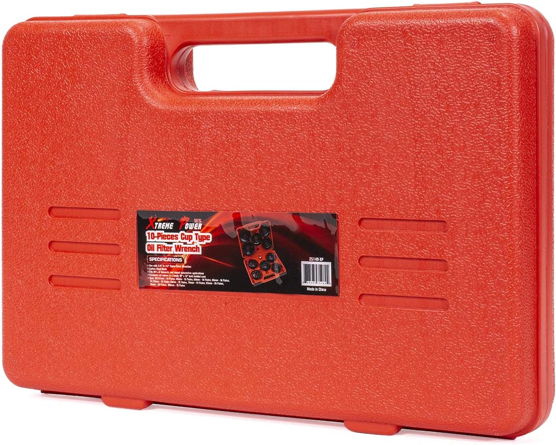 XtremepowerUS 10-Pieces Universal Oil Change Filter Cap Wrench Cup Socket 3/8" inch Square Drive Oil Canister Socket with Case, Red/Black