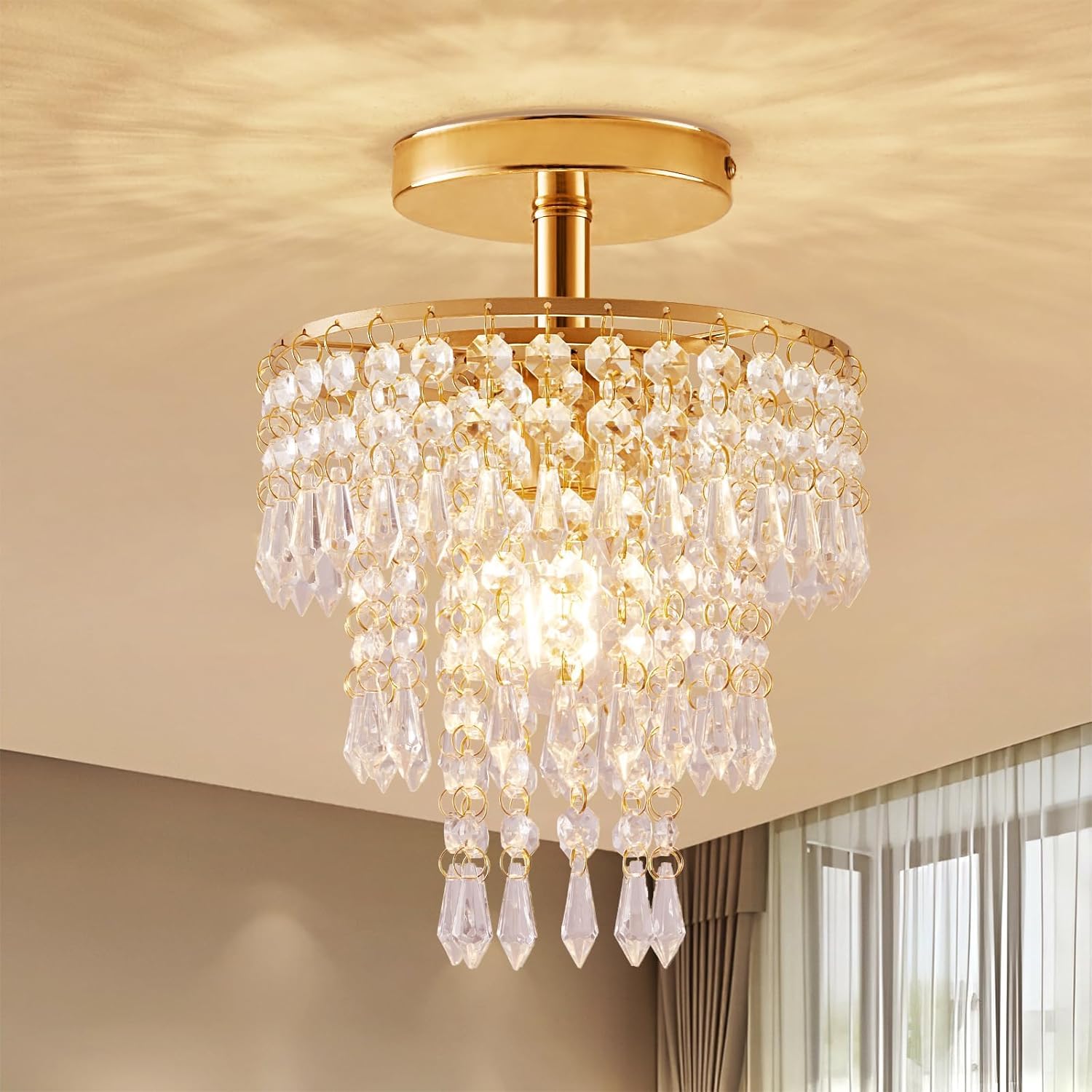 3 Layer Raindrop Crystal Ceiling Chandelier | Compact Gold Flush Mount Decorative Light Fixture | Elegant Hanging Lamp for Bedroom, Hallway, Balcony & Living Room | Free LED Bulb-image-29