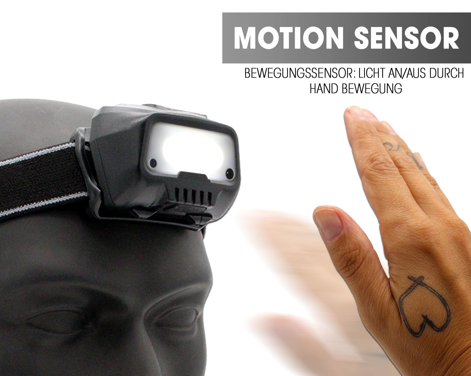Angel-Berger Magic Baits Mega Light Head Lamp - Linterna frontal con sensor de movimiento, USB, sensor de batería, LED