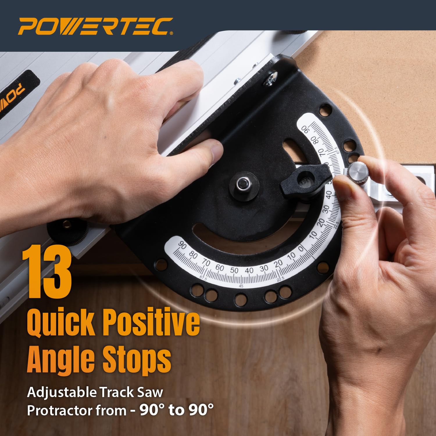POWERTEC Guía de sierra de riel de ángulo ajustable: cortes de inglete de precisión, 13 paradas positivas, amplia compatibilidad de riel guía (72182)