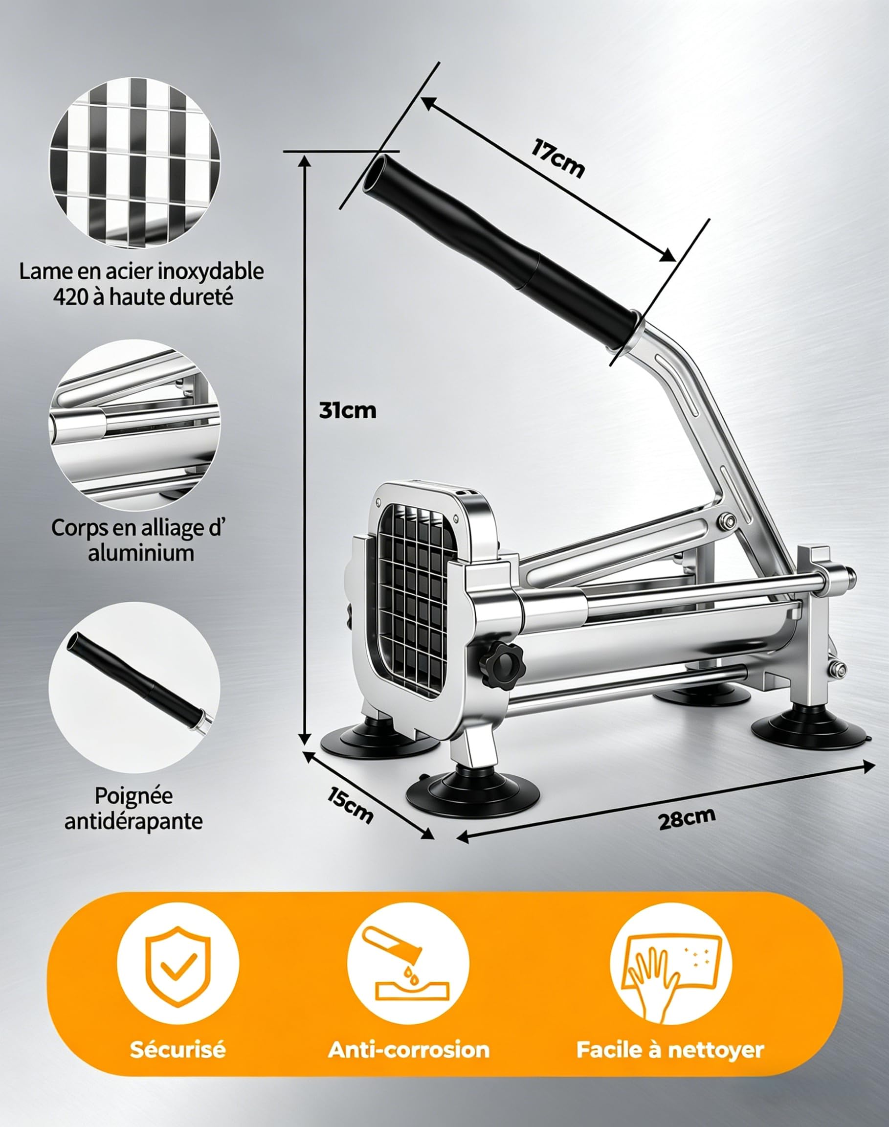 Coupe Frite Professionnel avec Lames 13 mm, 9 mm, 6.5 mm Coupe-Frites Manuel en Acier Inoxydable Coupe Patate frite pour Patates Douces, Carottes, Ignames et Concombres