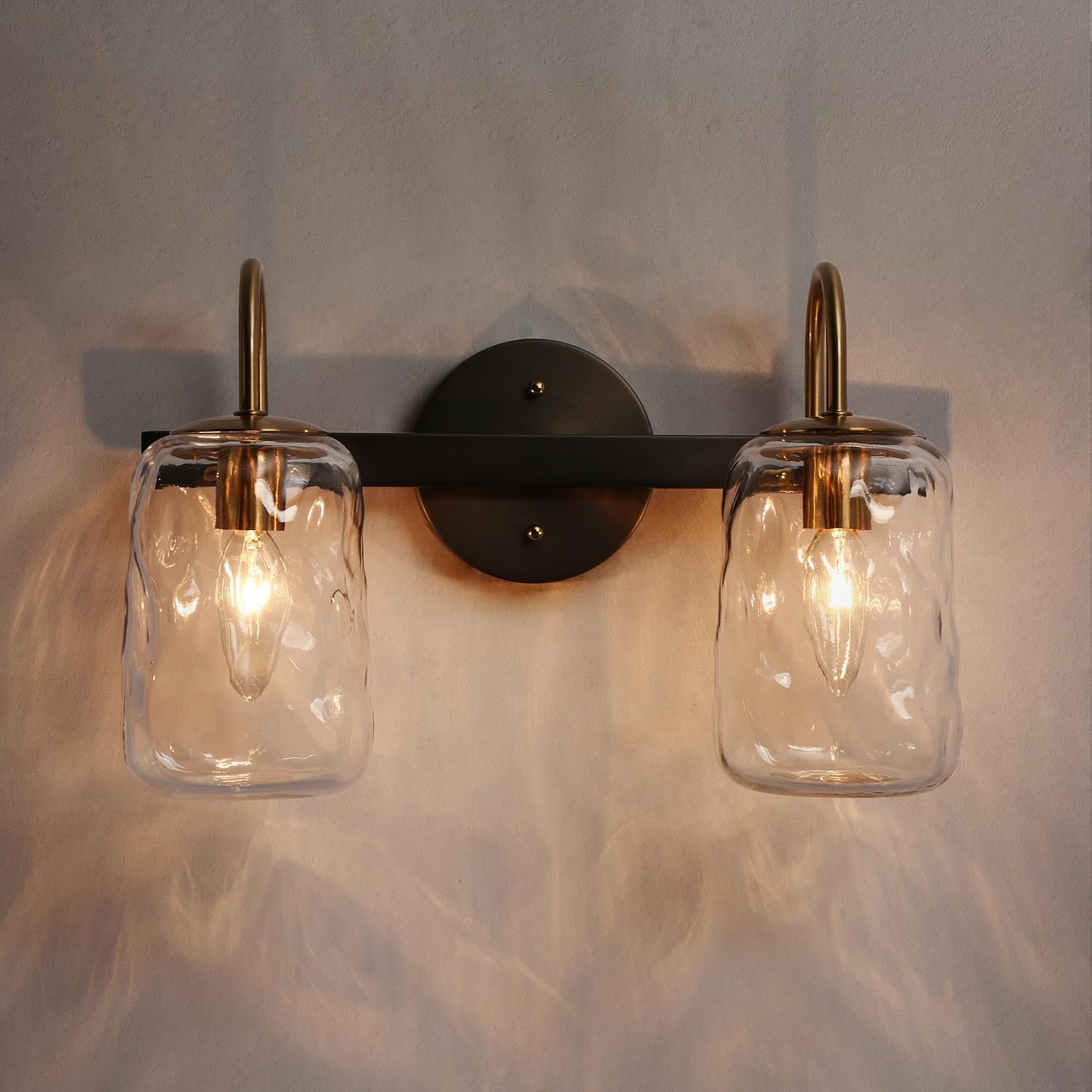 Black Gold Bathroom Vanity Light Fixtures, 2 Light Modern Bathroom Lights Over Mirror, Vanity Lights for Bathroom with Clear Textured Glass