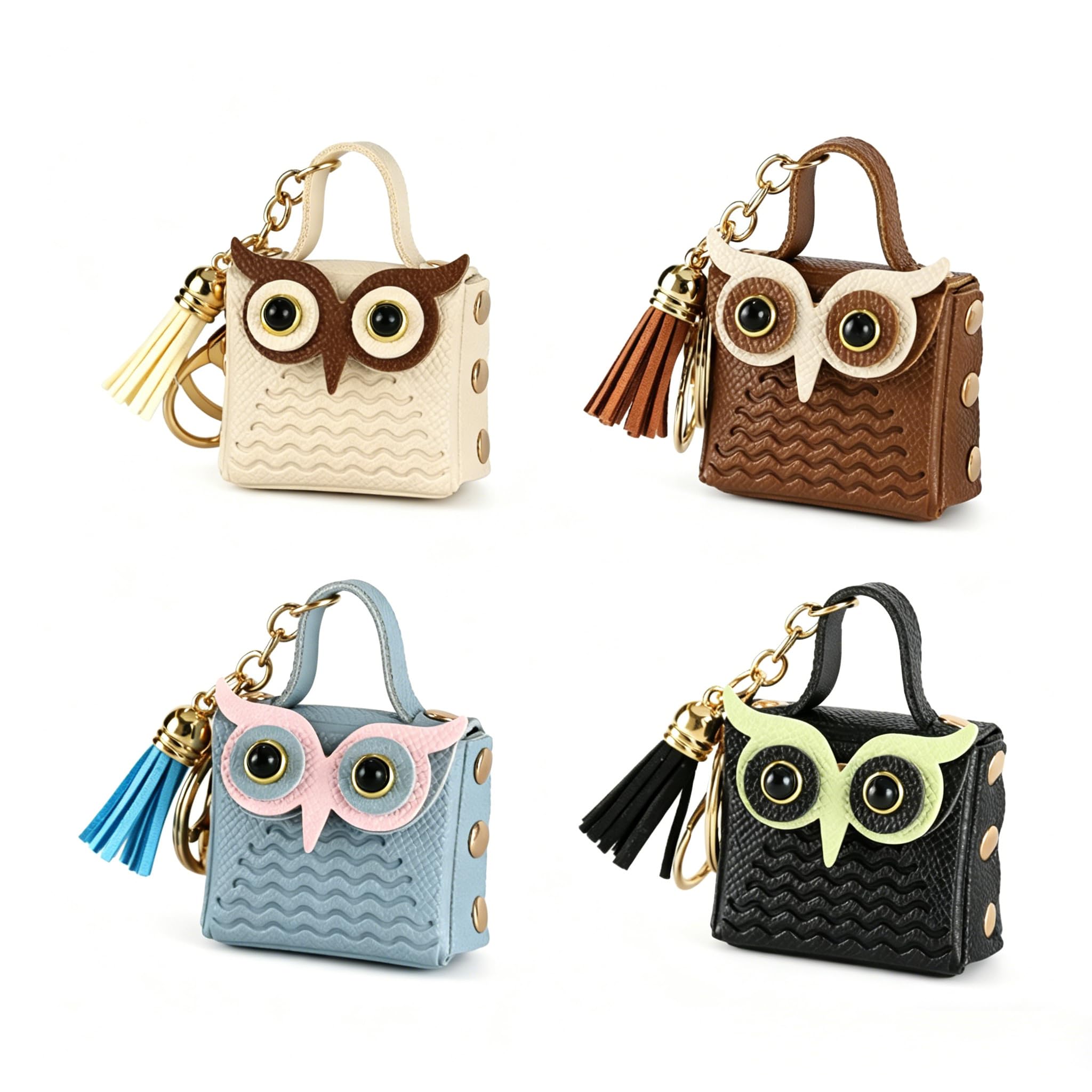 HEFEIYU 4Pcs Cute Owl PU Leather Mini Keychain, Multi-use Coin Purse Bag Charm, PortableEarbud Cable Storage Key Pendant, Fashion Gift for Women Girls