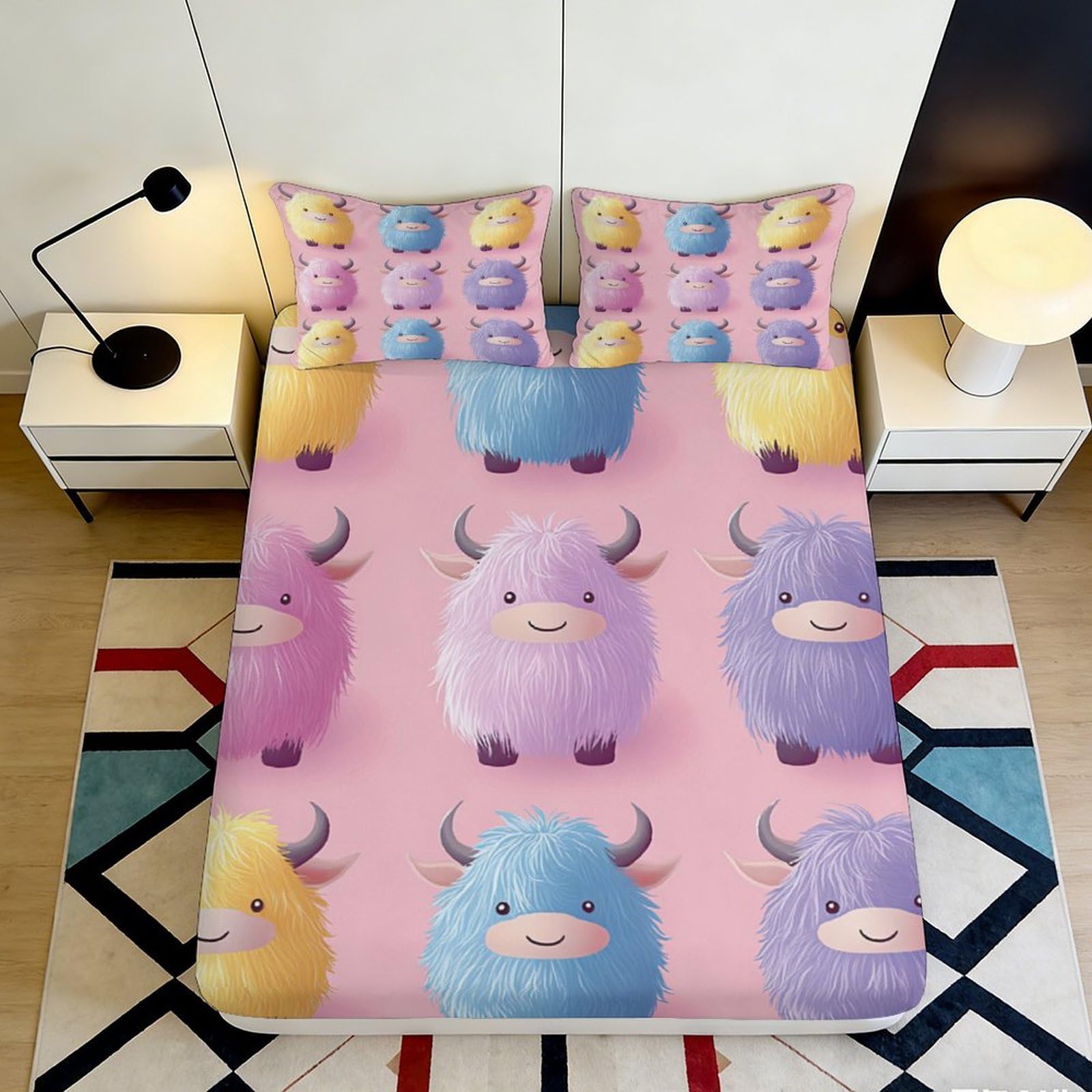 3D Printed Cartoon Cow Fitted Sheet Microfiber Deep Pocket Non-Slip Bedding Cartoon Cow Mattress Fitted Cover for All Ages 180x200x25cm