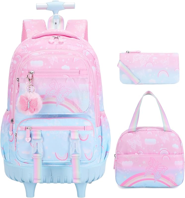 Scothen 3PCS Rainbow Butterfly Rolling Backpack for Girls with Lunch Box (Pink Blue)