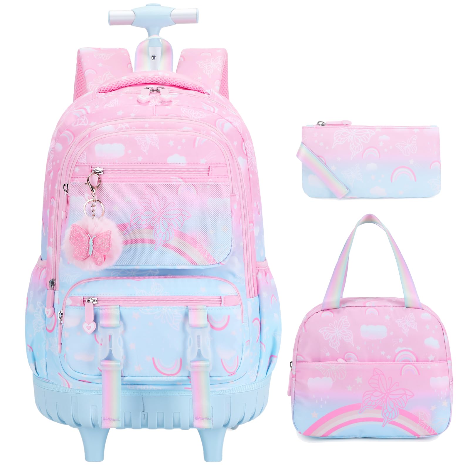Scothen 3PCS Rainbow Butterfly Rolling Backpack for Girls w/ Lunch Box (Pink Blue)
