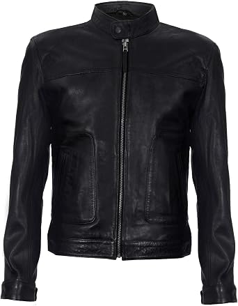 Mens Fitted Black Real Soft Genuine Leather Classic Collar Harrington Jacket XS