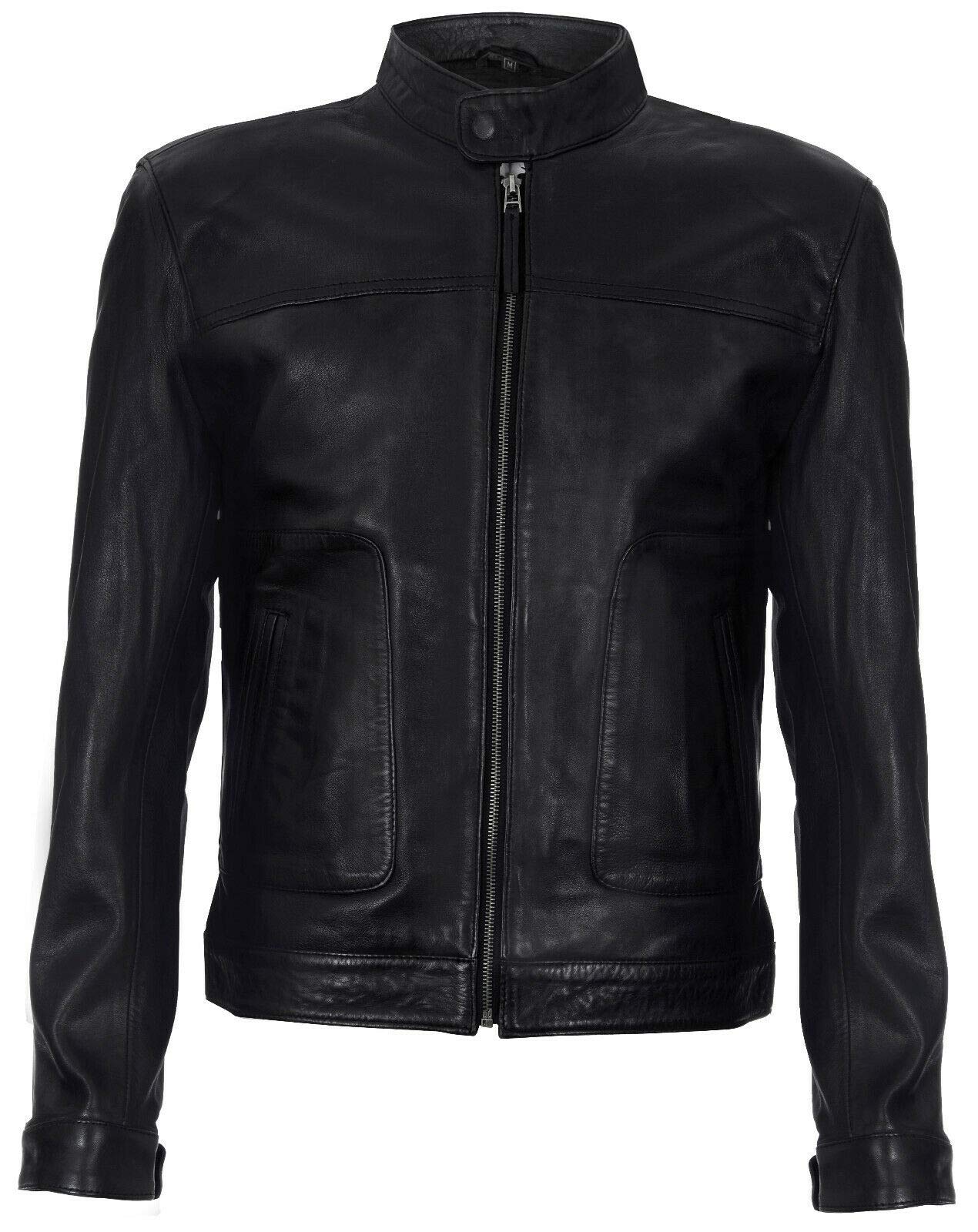 Infinity Leather Men's Black Fitted Real Soft Genuine Leather Classic Collar Harrington Jacket 5XL