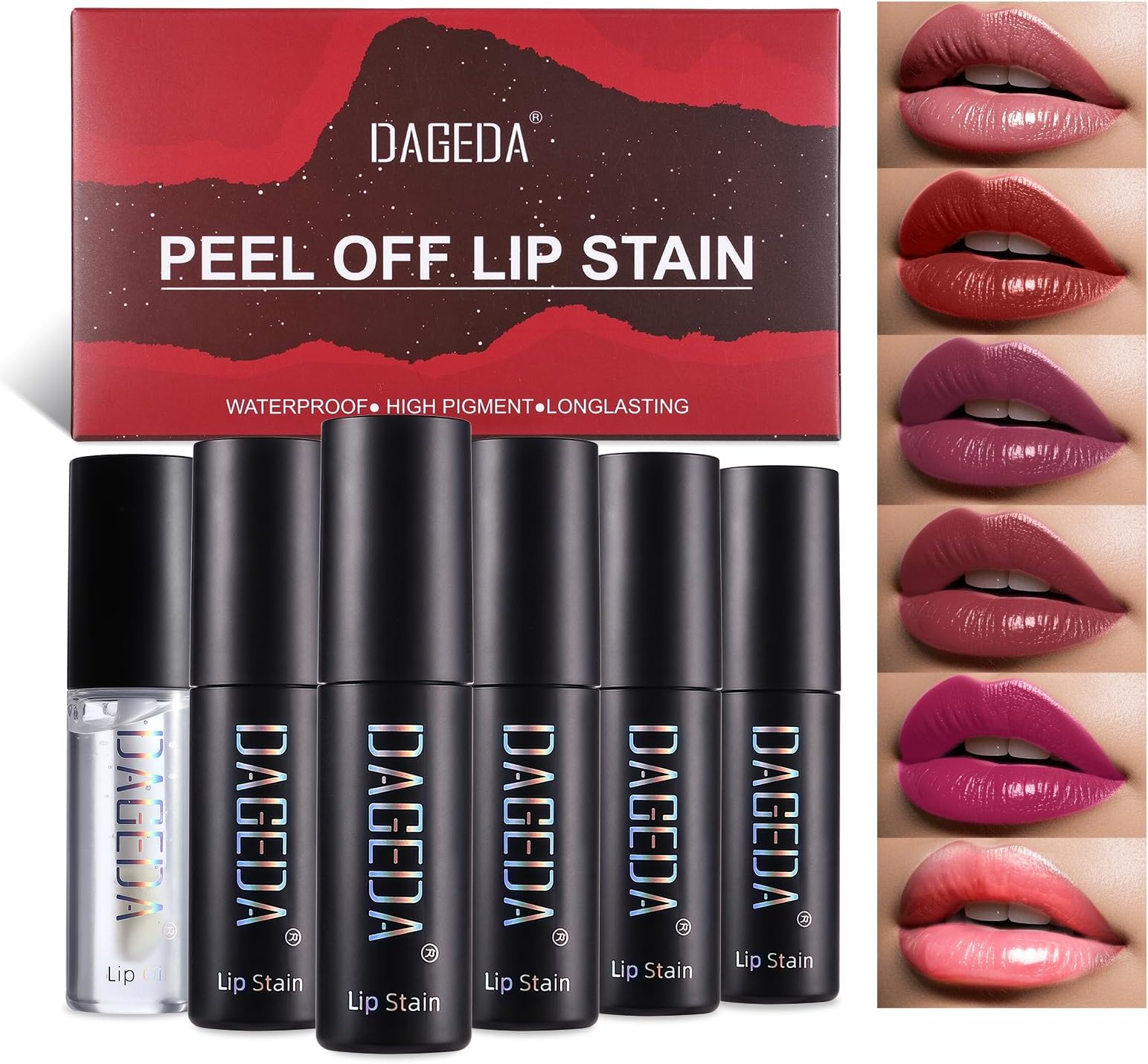 DAGEDA 5 Colors Peel Off Lip Stain Set,Tattoo Lip Stain Tint with Moisturizing Lip Oil, Highly Pigmented,Waterproof Long-lasting Peel Off Lip Liner Stain,Matte Finish Lip Makeup