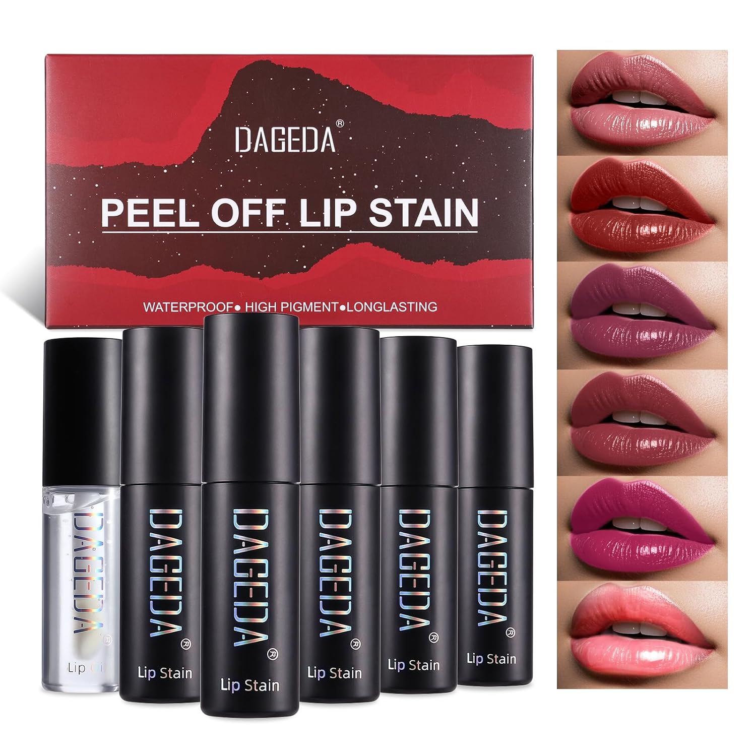 DAGEDA 5 Colors Peel Off Lip Stain Set,Tattoo Lip Stain Tint with Moisturizing Lip Oil, Highly Pigmented,Waterproof Long-lasting Peel Off Lip Liner Stain,Matte Finish Lip Makeup