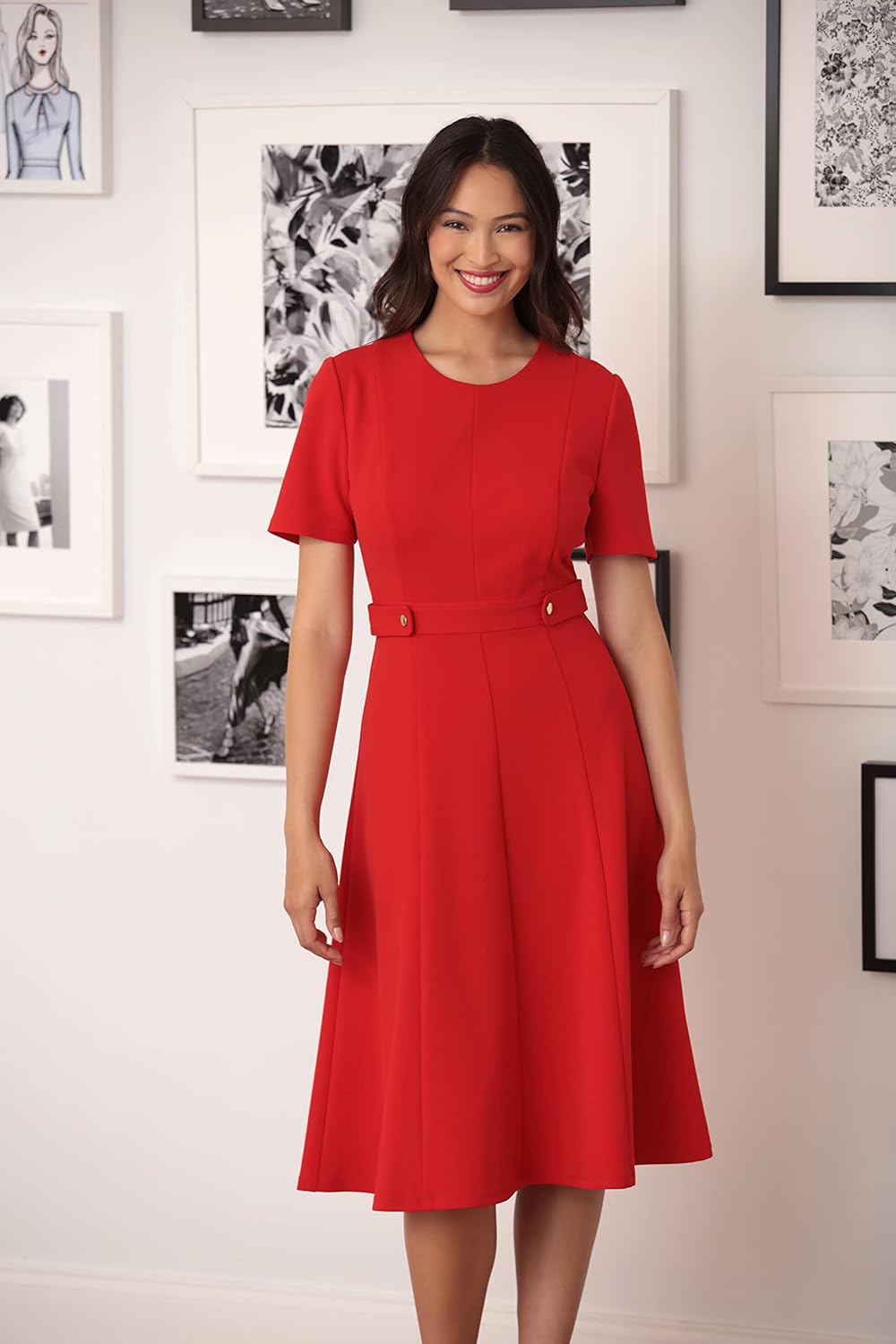 London Times Womens Knit Eyelet Short Sleeve Crepe Inset Waist Midi with Button Detail - Image 3