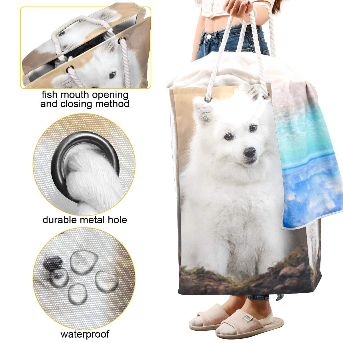 White Pet Dog Spitz Animals - Bolsa de lavandería para la ropa sucia plegable con asas fáciles de transportar