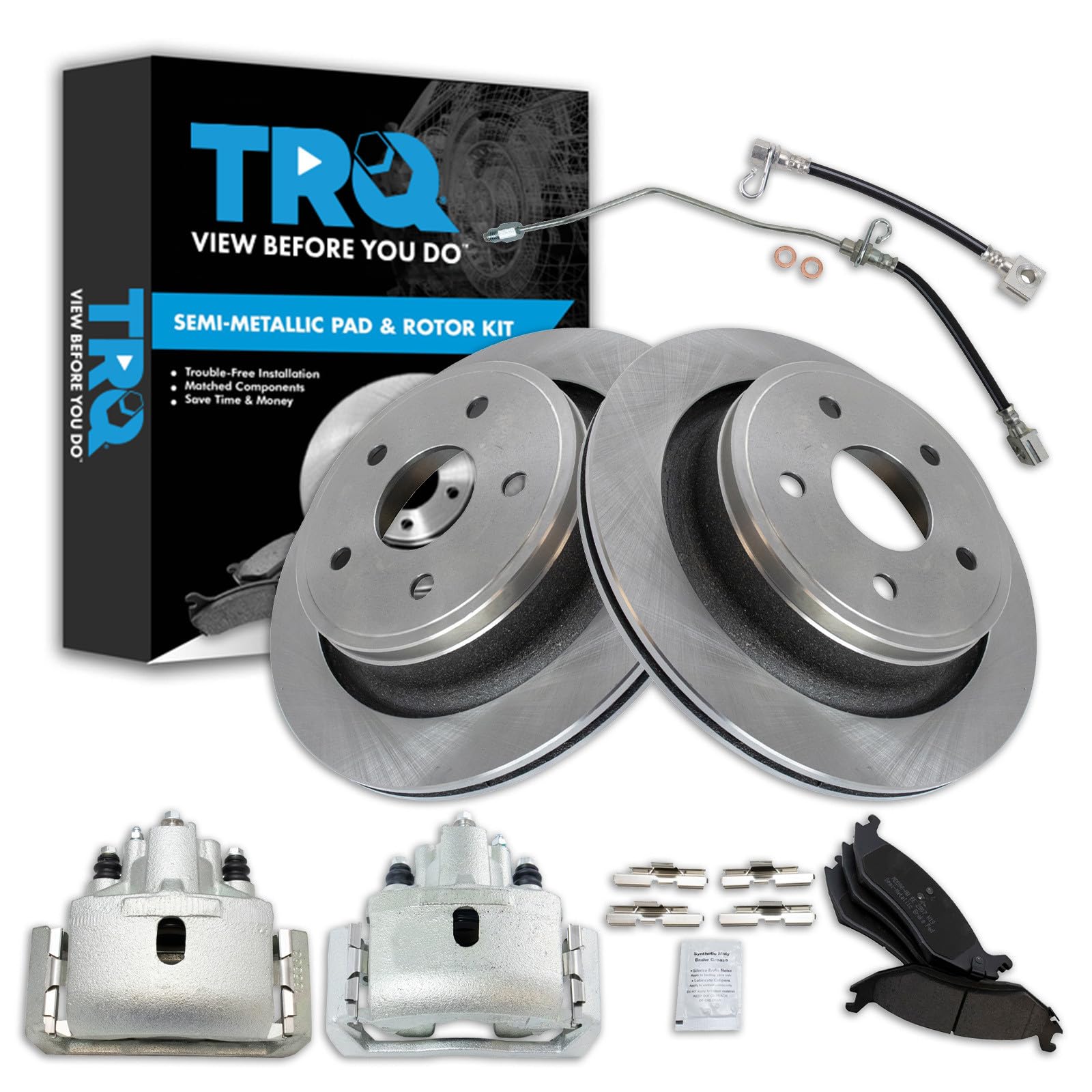 TRQ Rear Brake Pad, Caliper, Hose, &amp; Rotor Kit Semi-Metallic Compatible with 2002-2004 Dodge Ram 1500