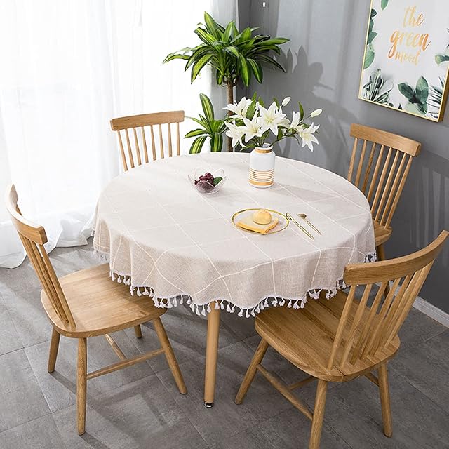 VIVILINEN Round Table Cloth Cotton Linen Wrinkle Free Tablecloths Plaids Tassel Washable Table Cover for Kitchen Home Dinning Brown 140cm Diameter