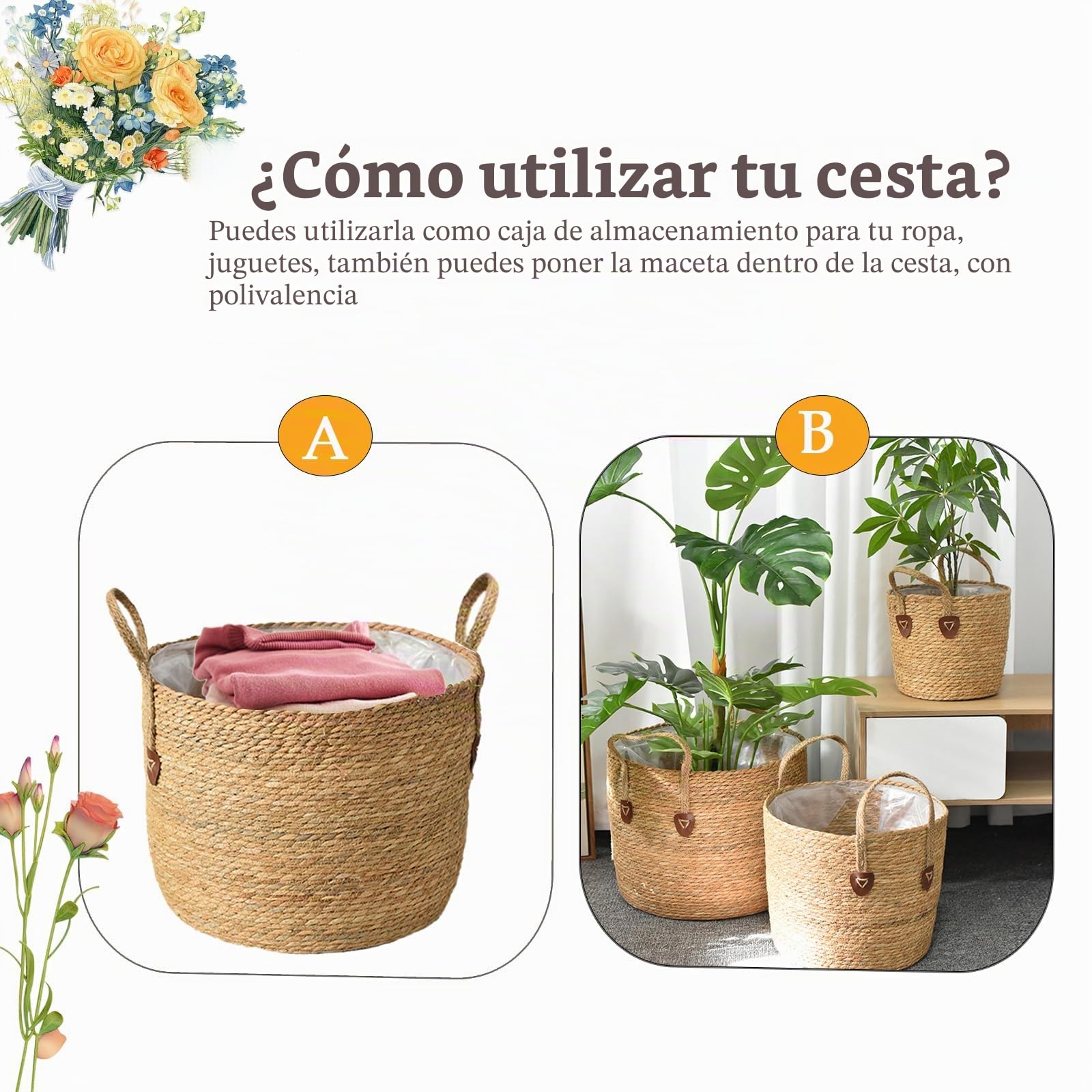 Cesto de mimbre para plantas, gran maceta, trenzado, de ratán, maceta moderna y práctica, cesto de plantas de mimbre natural – Decoración para el hogar y elegante almacenamiento