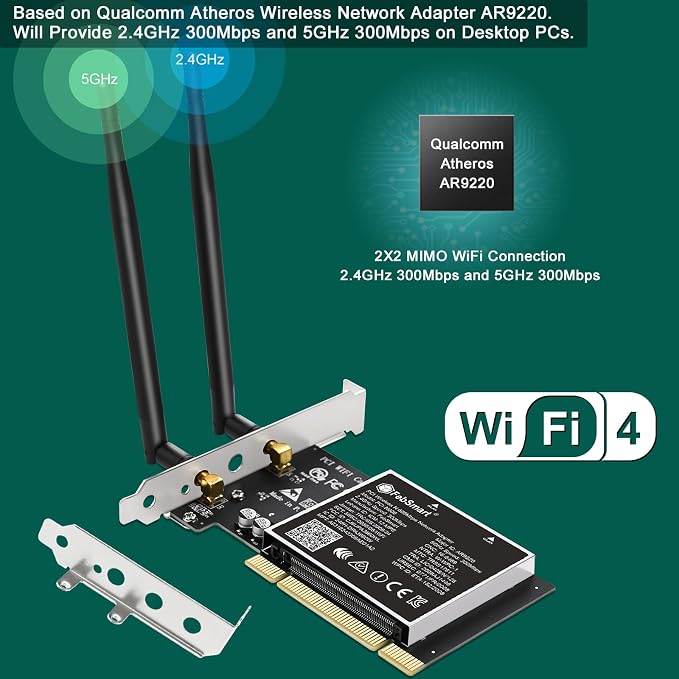 Tarjeta de Red Inalámbrica PCI Dual Band 600 Mbps (300 Mbps a 2.4 GHz y 300 Mbps a 5 GHz) para Windows 11, 10, 8.x, 7, XP y Servidores Windows, Tarjeta WiFi PCI-N600 de FebSmart miniatura 2
