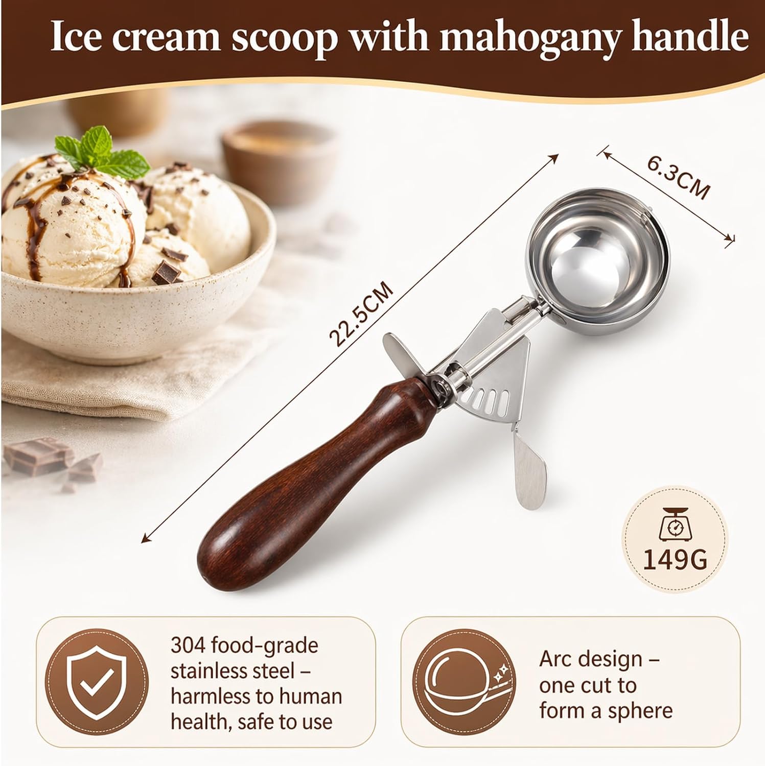 Ice Cream Scoop with Invisibility Trigger Release, Cookie Scoop for Baking, 304 Stainless Steel Cookie Dough Scooper with Release Lever, Disher for Muffins, Fruit & Vegetables (Medium & Small)