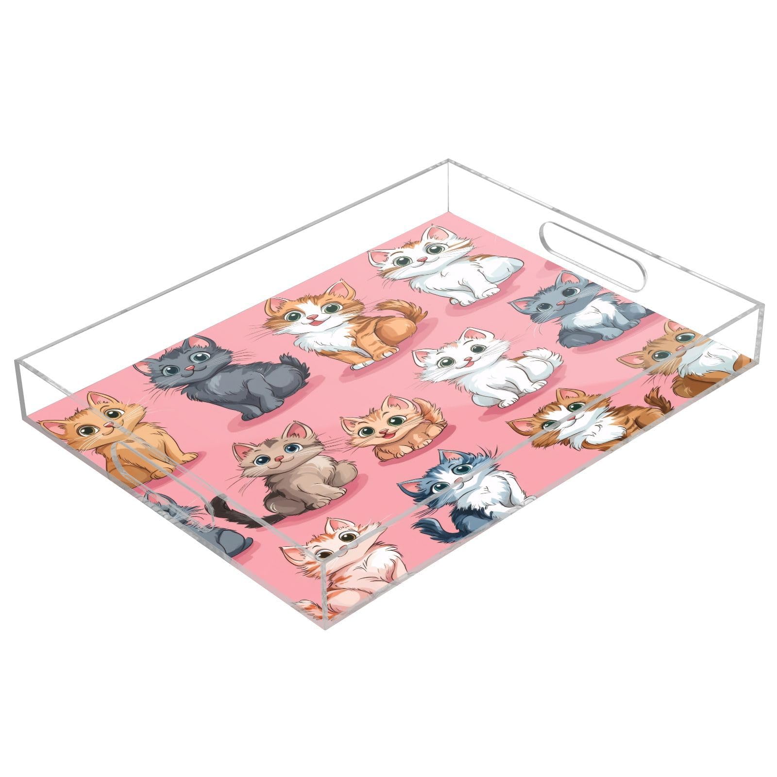 Msyxl Cartoon Cats Serving Tray for Coffee Table, Decorative Acrylic Tray Cartoon Cats Tray with with Handles for Breakfast, Ottoman, Countertop, 12x16 in