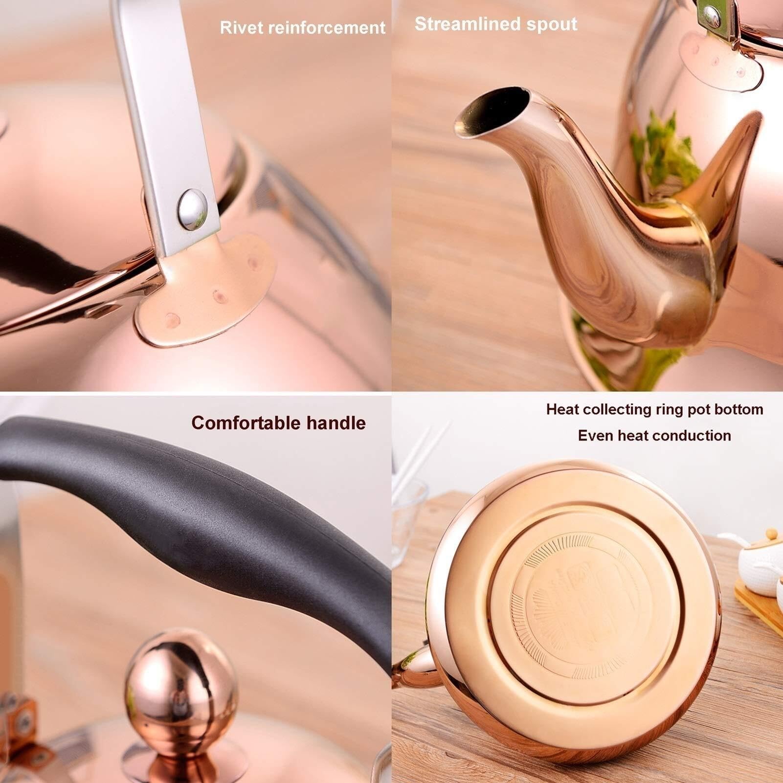 Genérico Hervidor de Agua silbante de 2 litros en Oro Rosa para Cocina, de Acero Inoxidable con Acabado Pulido Espejo para Cocina de Gas y Cocina de inducción.