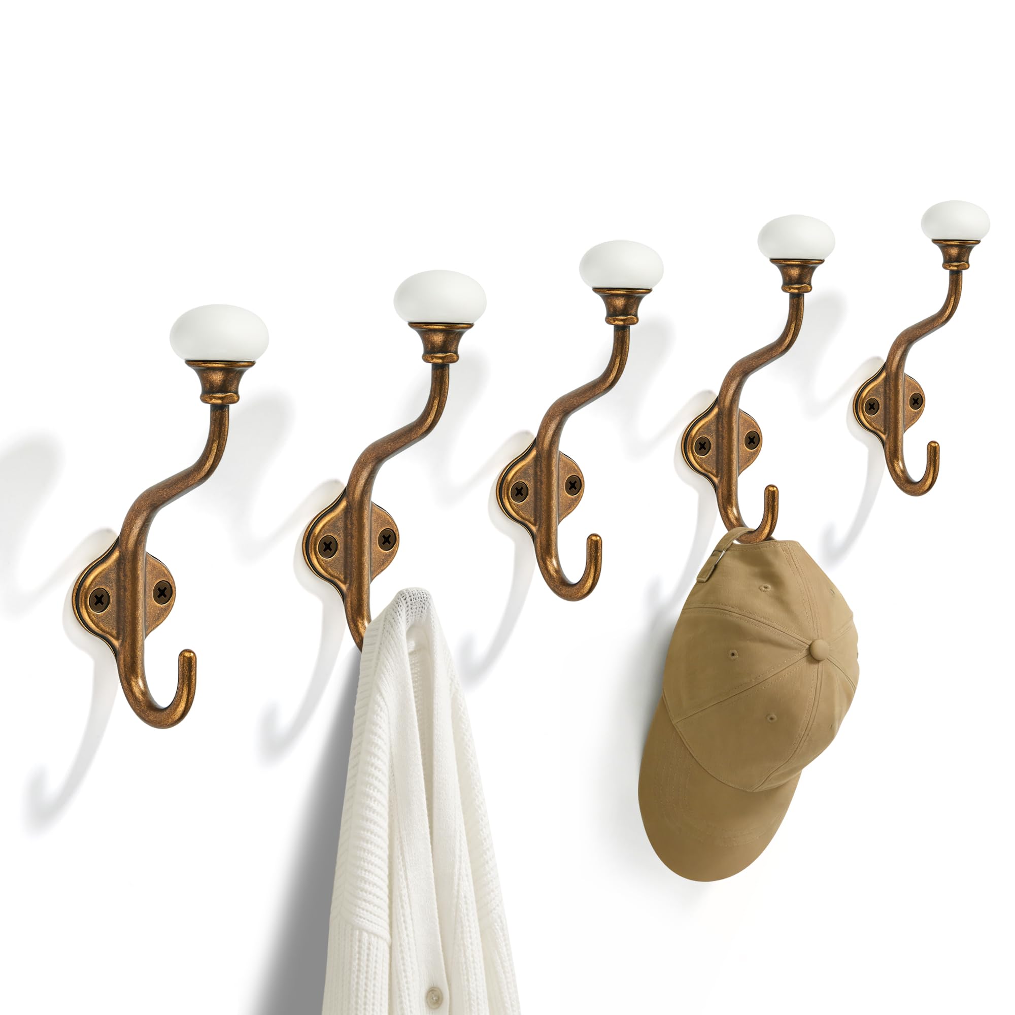 TUNNY Coat Hooks 5 Pack Antique Brass