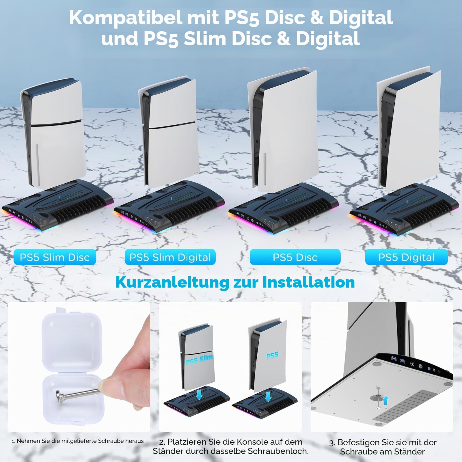 PS5/PS5 Slim Ständer mit 3 Stufigem Lüfter und RGB-Licht, 3 USB-Ports/Controller-Ladestation/Headset-Halter/Remote-Steckplatz/13 Spiele-Aufbewahrung
