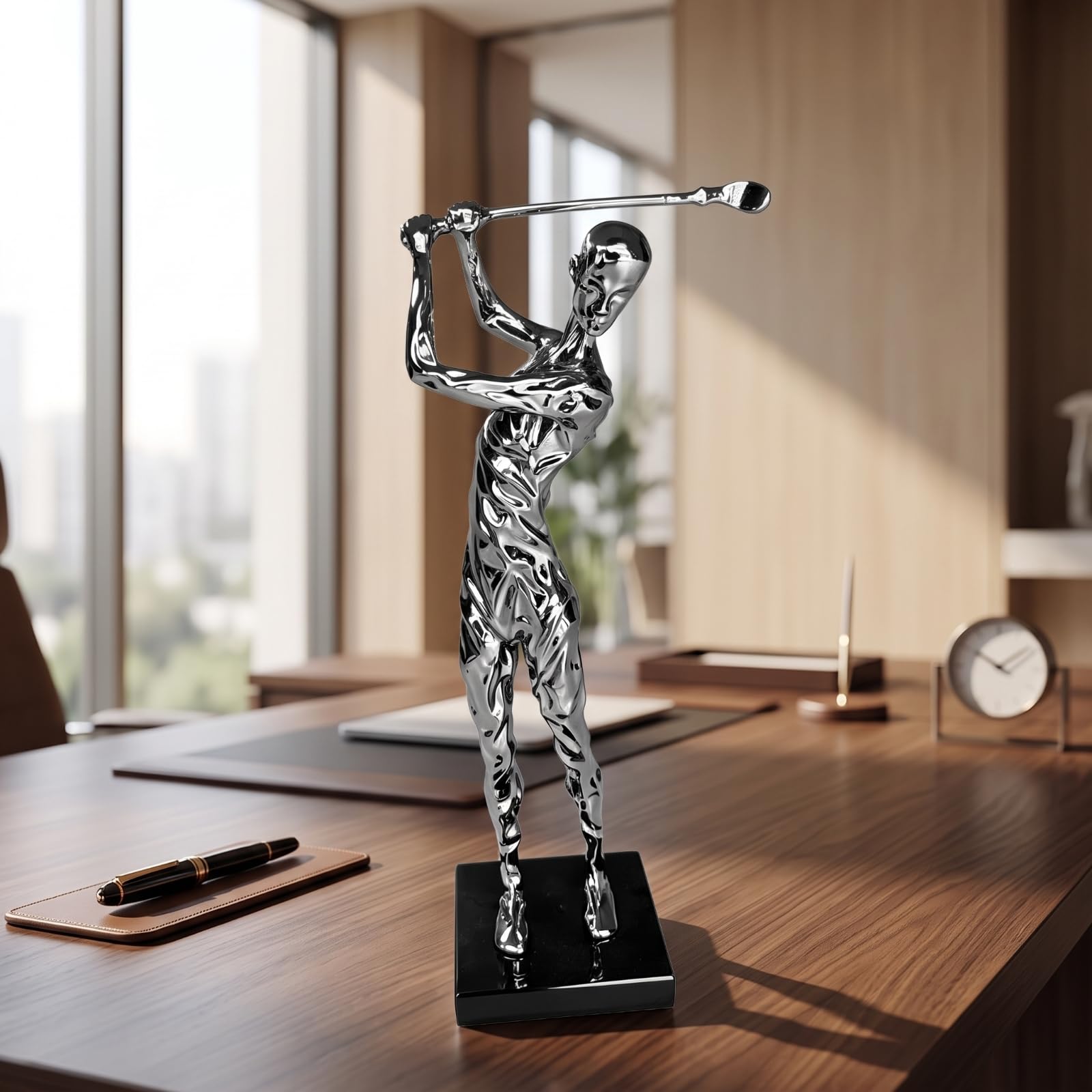 Golf Figur Skulptur Trophäe Dynamische Golfer Darstellung mit Polierter Oberfläche auf Ebonisiertem Sockel aus Legierung, Gold Gesprüht, Modern Minimalistisch