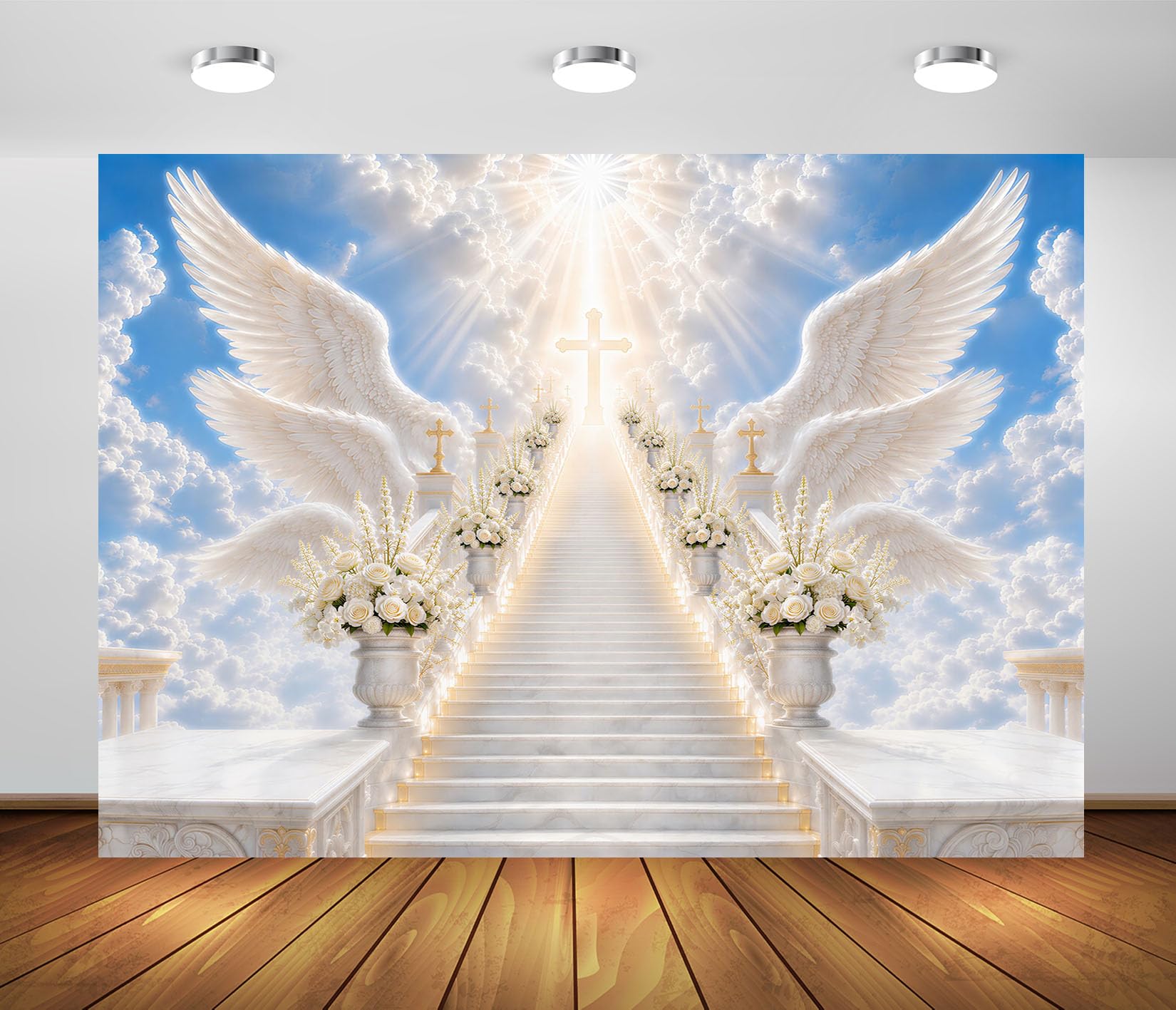 BELECO 3x2m Sfondo in tessuto Scale Verso Il Cielo Ali D Angelo | Luce Sacra Croce Scala verso Il Cielo Sfondo Celebrazione della Vita Striscia Accessori Fotografia Funebre Commemorativa