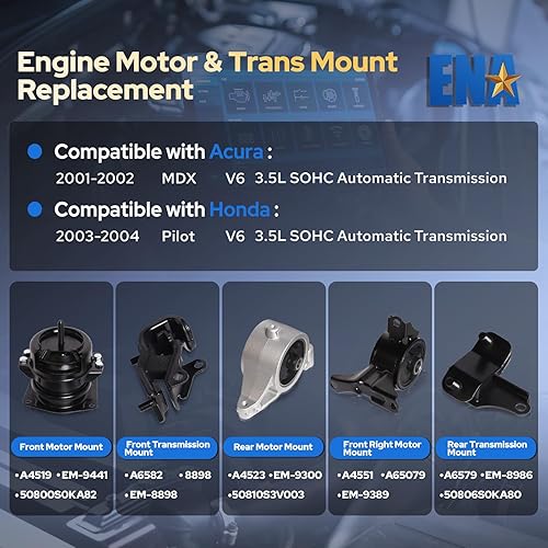 Miniatura 2 de ENA Juego de 5 motores de motor y montaje Trans 2001 2002 2003 2004 2005 compatible con Acura Honda MDX Pilot 3.5L 4WD repuesto para A4519HY A4551