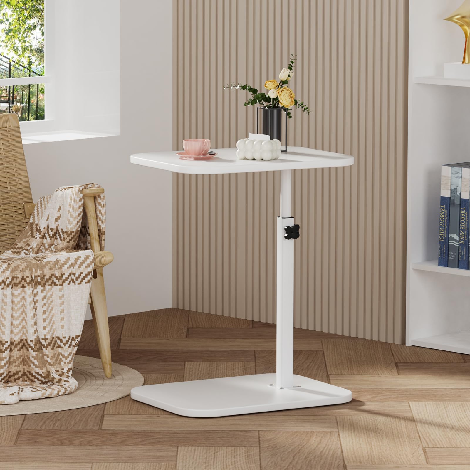 LANTUS Table de lit Mobile, Table d'appoint,Support PC pour Salon Bureau Chambre, Freins pour Stabilisation, Réglage Facile, 40 x 30 x 80 cm - Forme en C - Blanc
