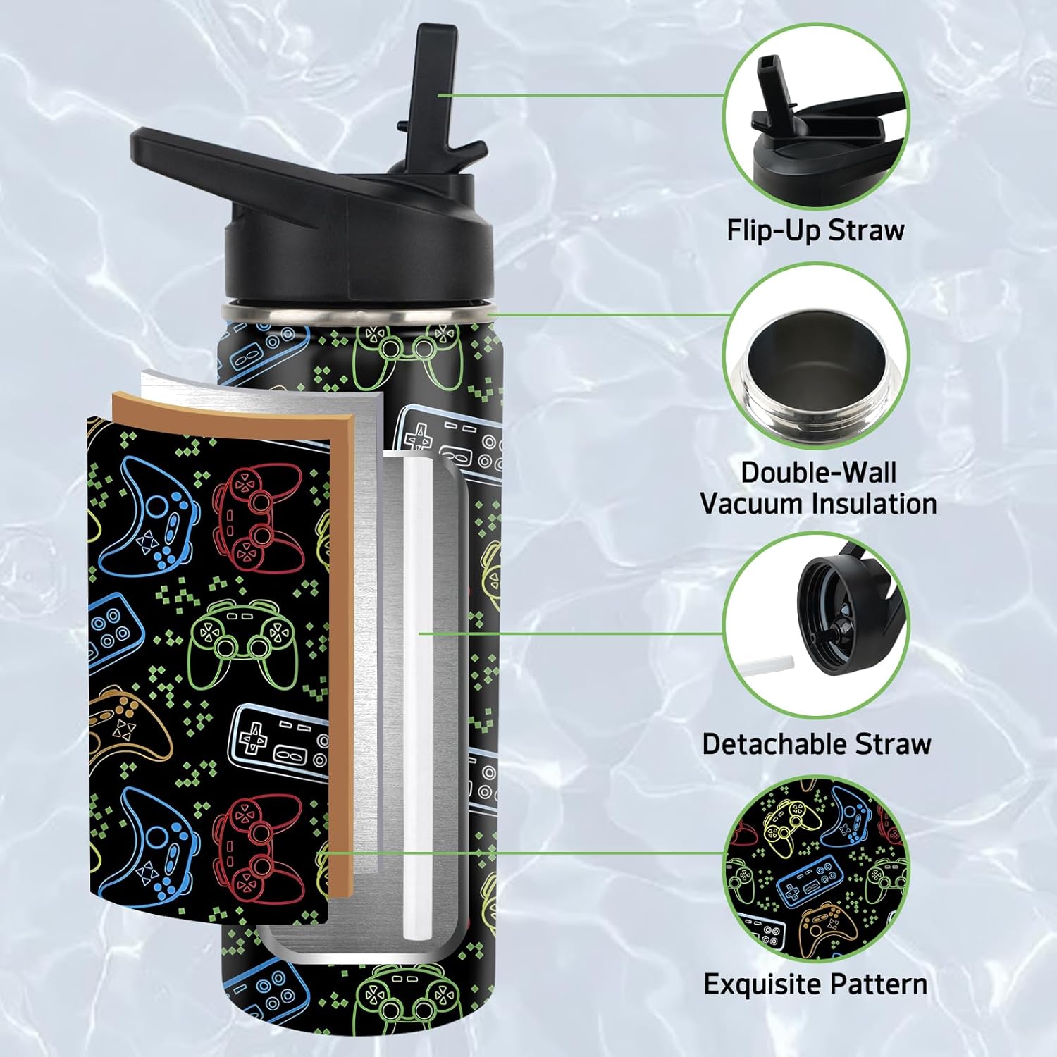 Gaming Water Bottles with Straw, 18 Ounces Insulated Stainless Steel Tumbler Cup Mug Gamer Gifts for Women Girls Game Lovers - Image 5