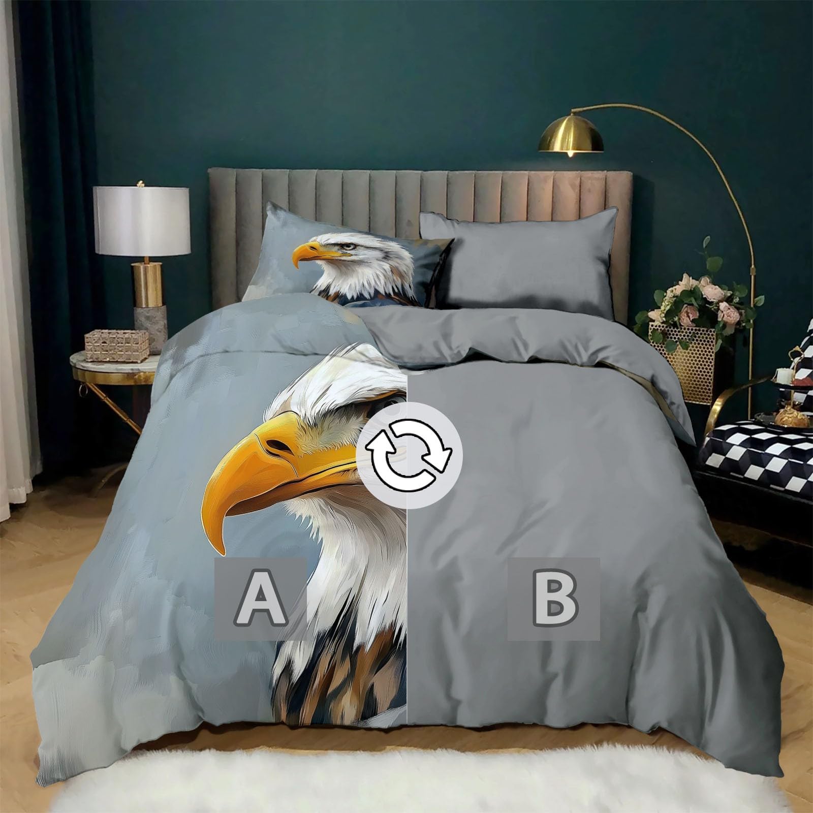 Juego de funda nórdica con estampado Sencillo Pintura Al óleo águila Calva para adultos, adolescentes De Microfibra con Cremallera Gris Funda nórdica Lavable - 230 x 220 cm Ropa de cama